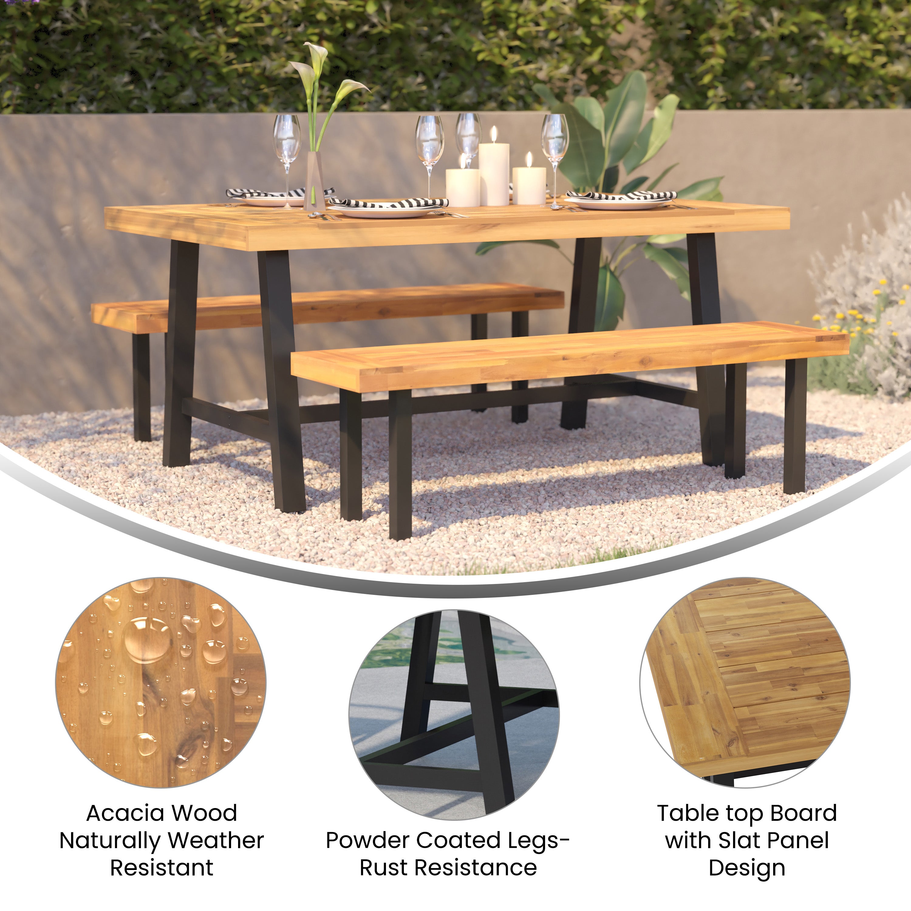 Rafe Commercial Grade Acacia Wood Dining Table with Metal Base, Indoor/Outdoor Rectangle Patio Table with Plank Style Table Top, Natural/Black