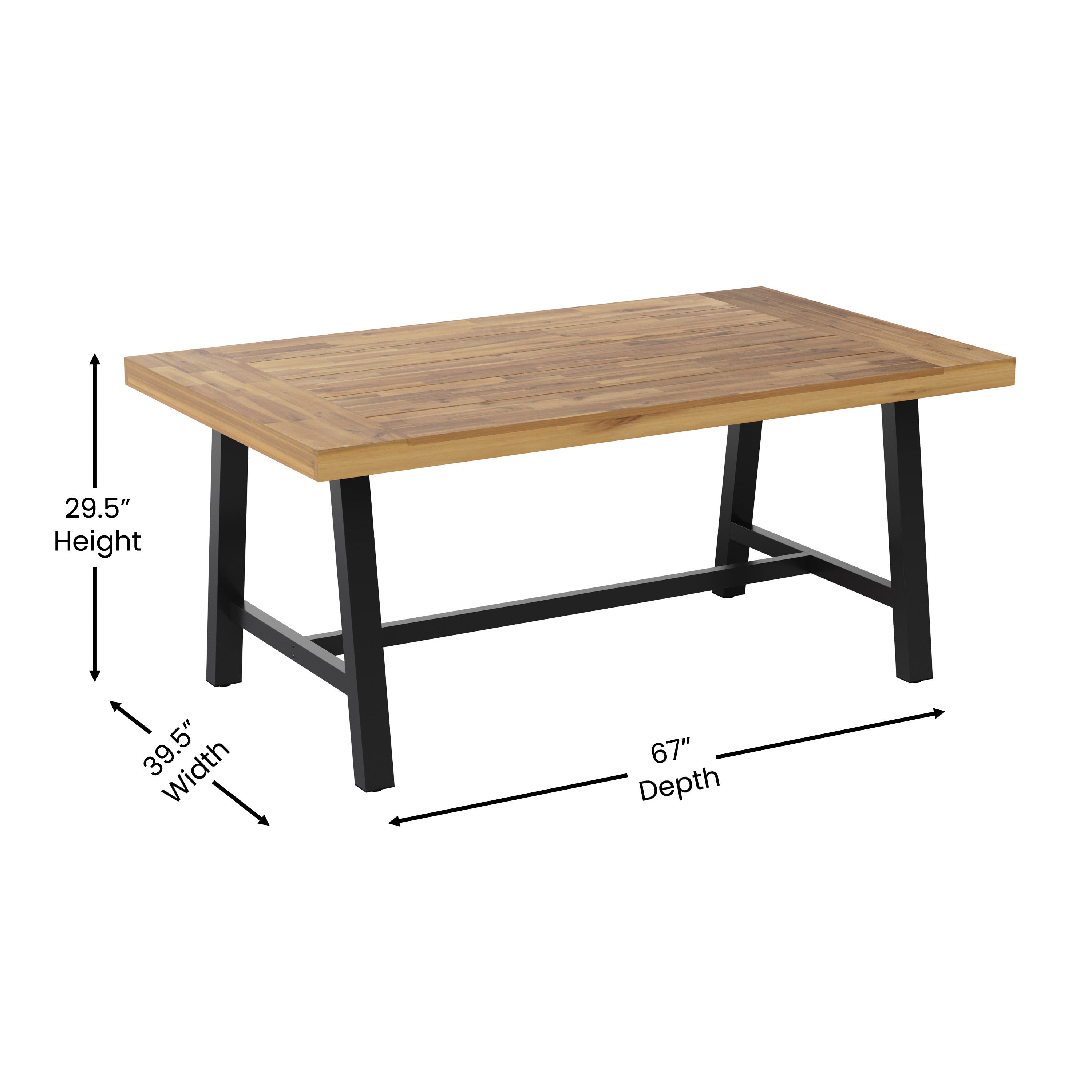 Rafe Commercial Grade Acacia Wood Dining Table with Metal Base, Indoor/Outdoor Rectangle Patio Table with Plank Style Table Top, Natural/Black