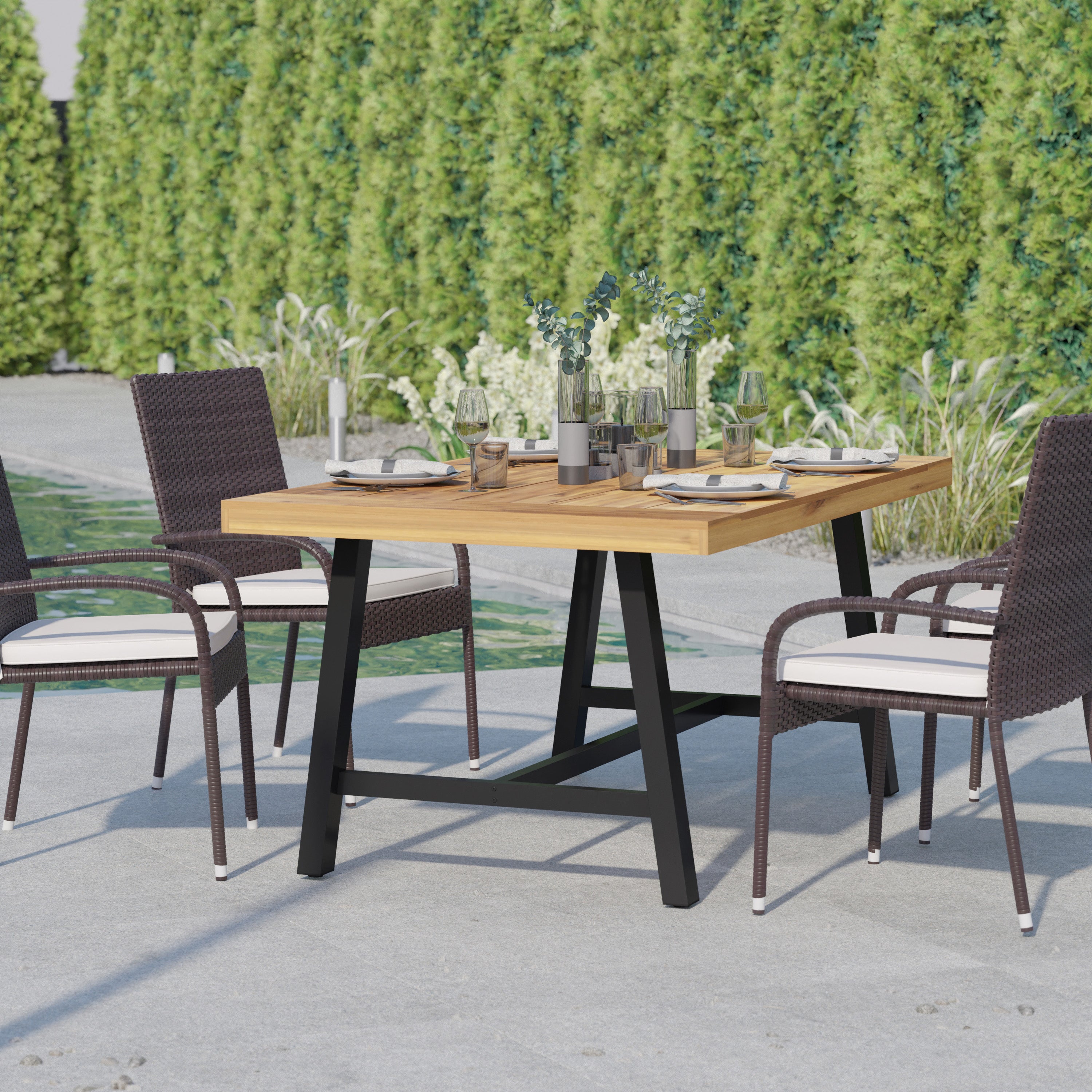 Rafe Commercial Grade Acacia Wood Dining Table with Metal Base, Indoor/Outdoor Rectangle Patio Table with Plank Style Table Top, Natural/Black