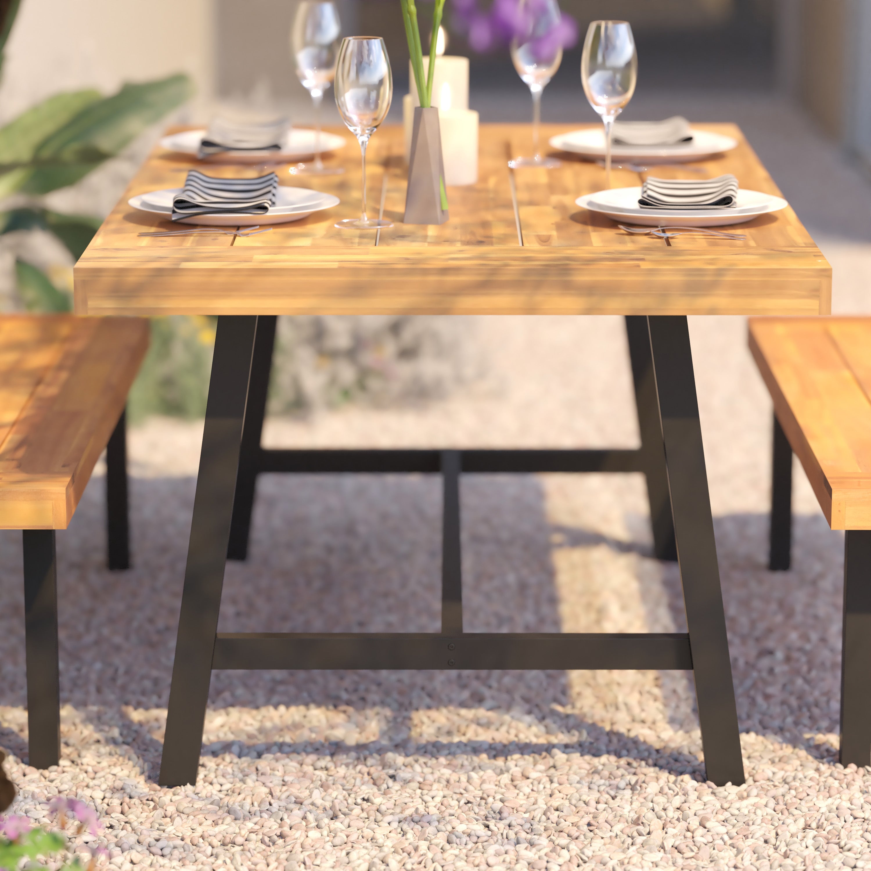 Rafe Commercial Grade Acacia Wood Dining Table with Metal Base, Indoor/Outdoor Rectangle Patio Table with Plank Style Table Top, Natural/Black