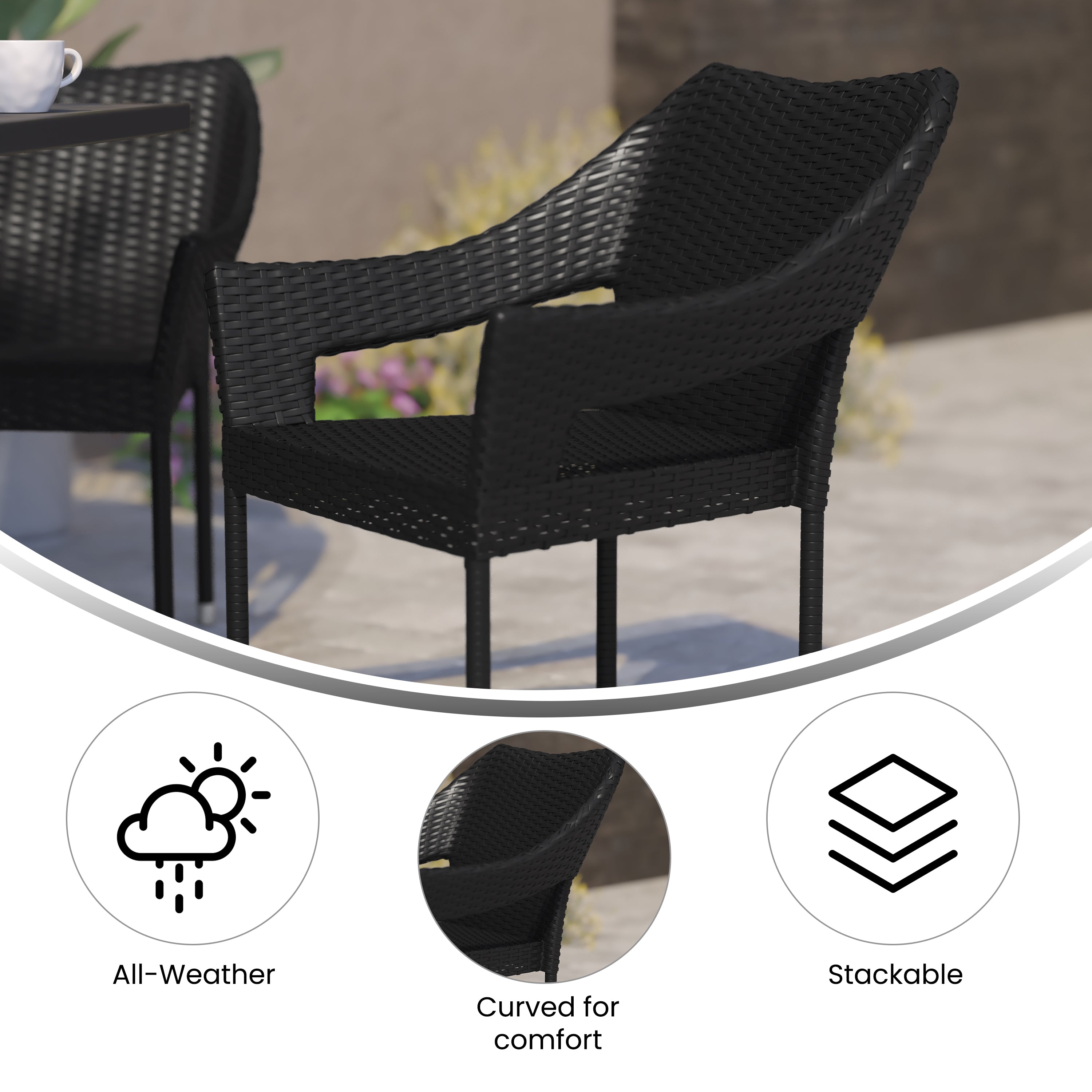 Ethan Commercial Grade Stacking Patio Chair, All Weather PE Rattan Wicker Patio Dining Chair in Black