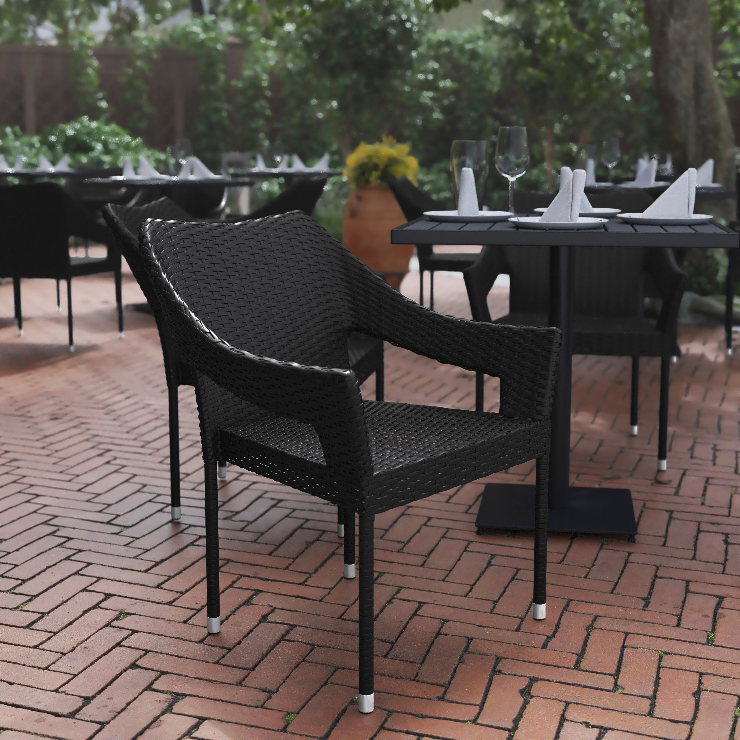 Ethan Commercial Grade Stacking Patio Chair, All Weather PE Rattan Wicker Patio Dining Chair in Black