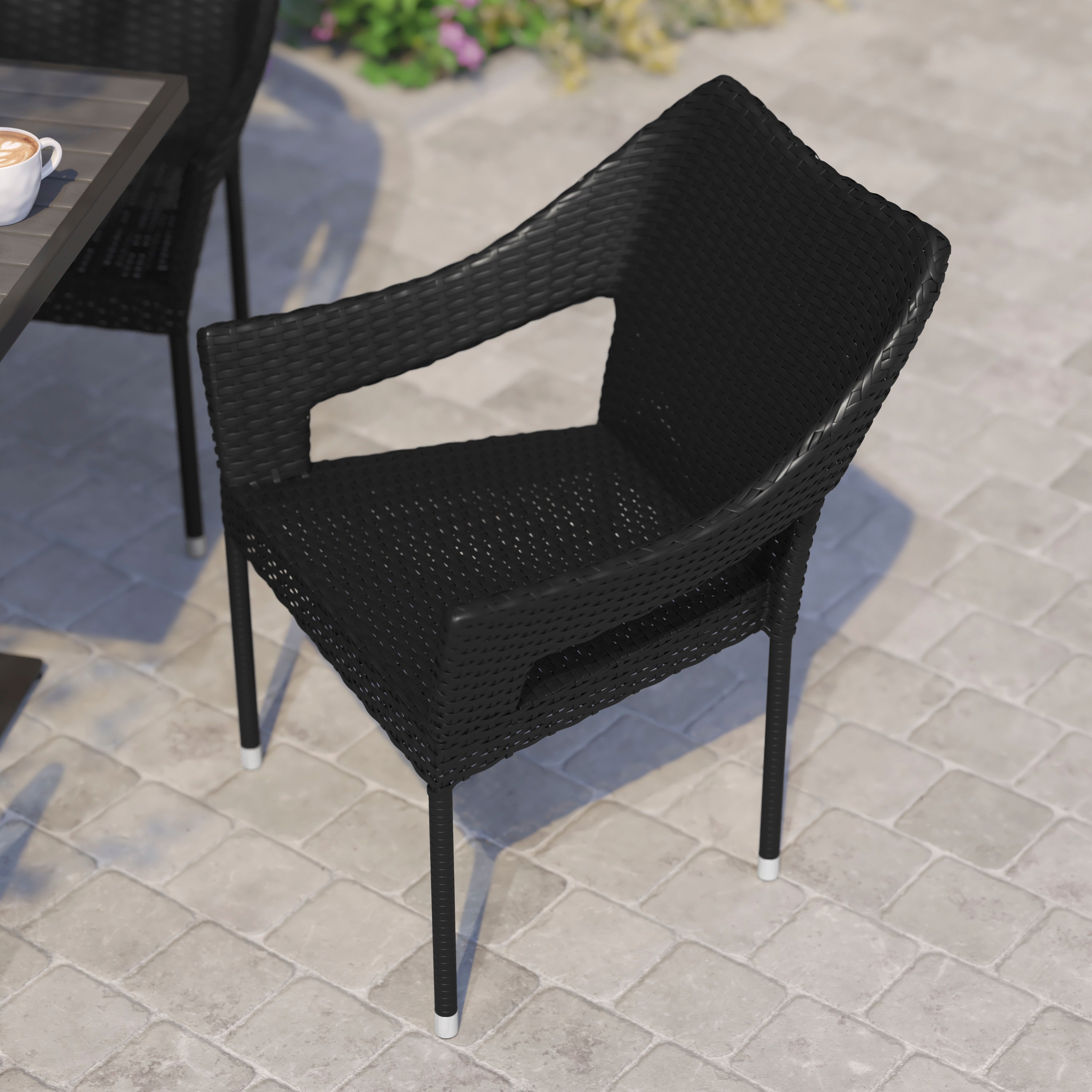 Ethan Commercial Grade Stacking Patio Chair, All Weather PE Rattan Wicker Patio Dining Chair in Black