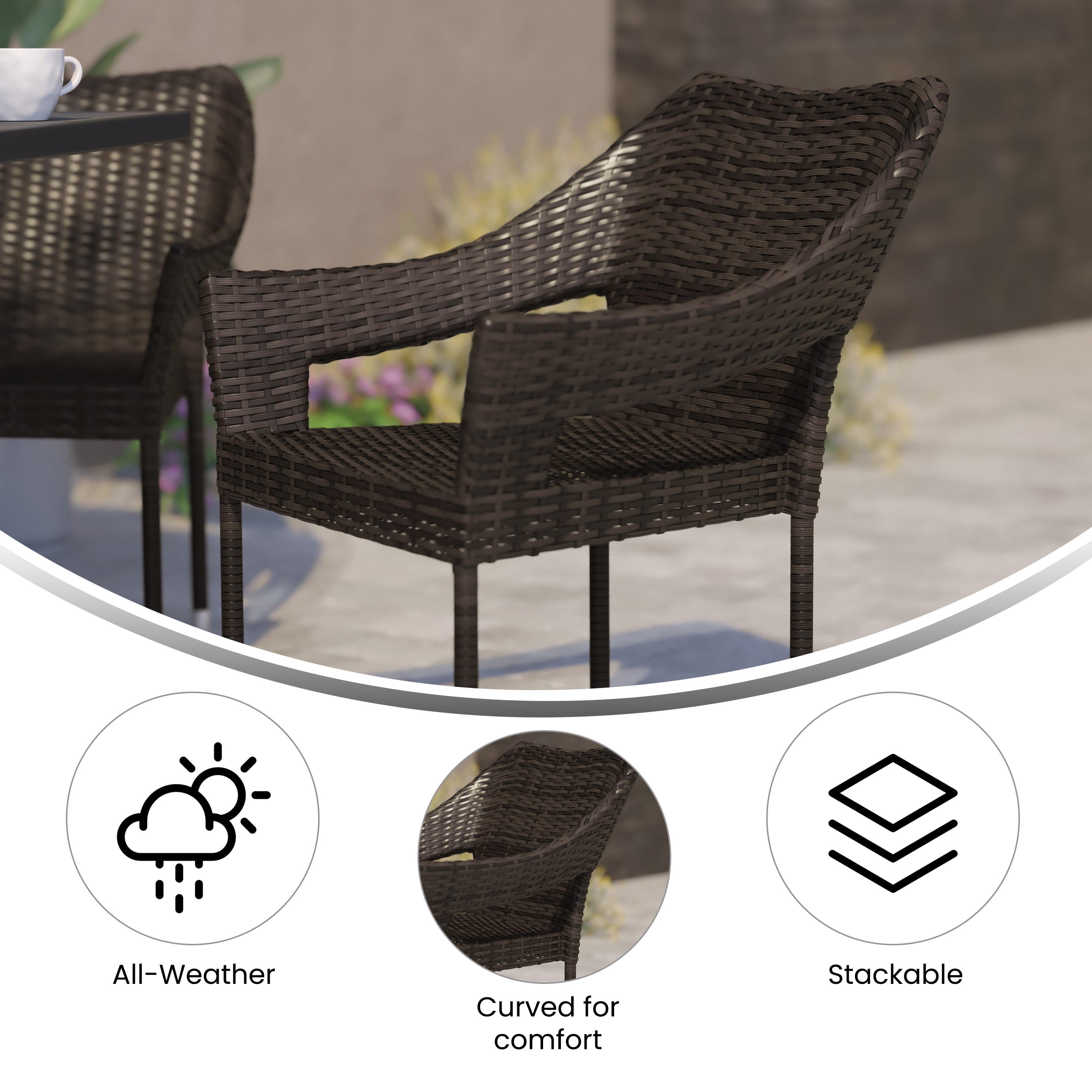 Ethan Commercial Grade Stacking Patio Chair, All Weather PE Rattan Wicker Patio Dining Chair in Espresso