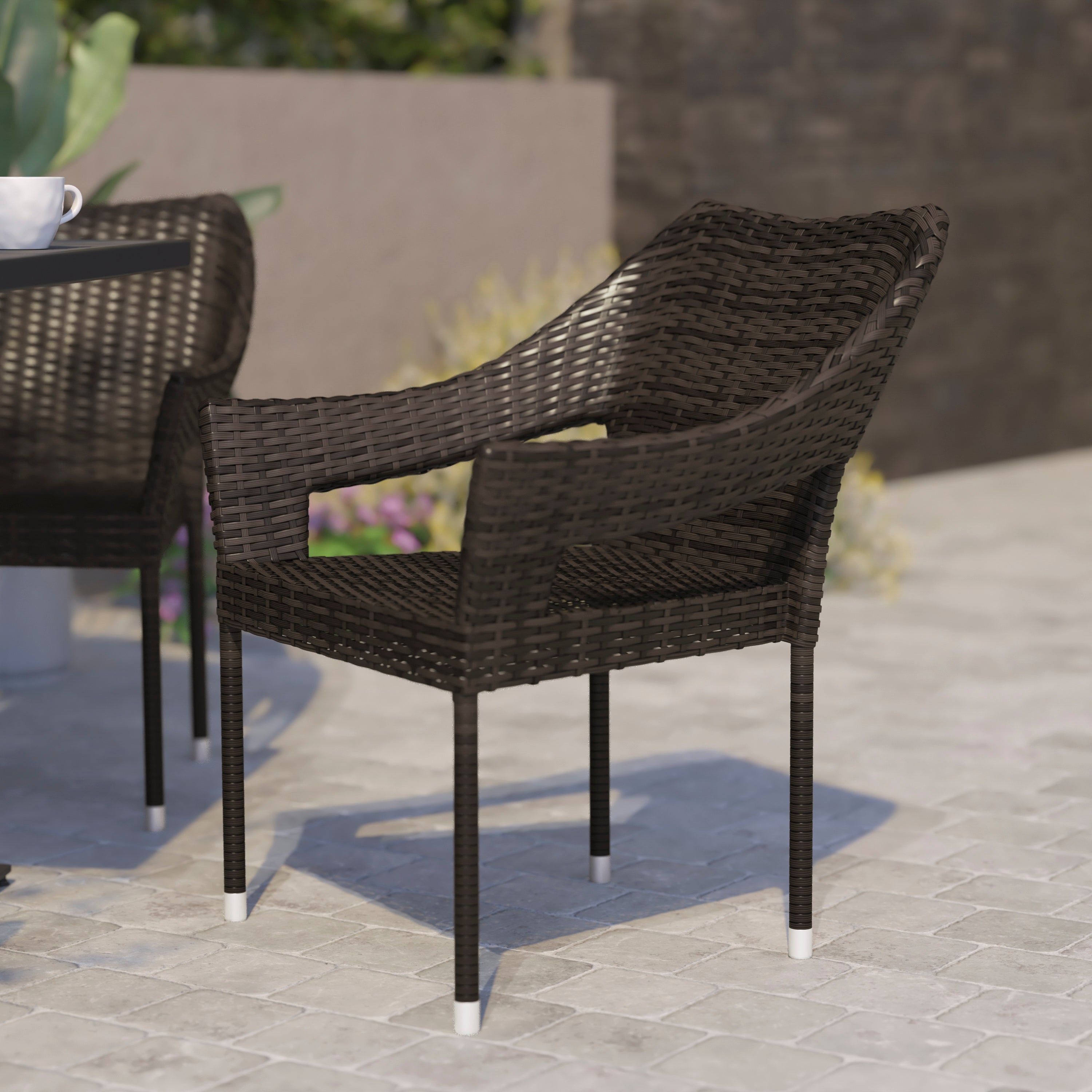 Ethan Commercial Grade Stacking Patio Chair, All Weather PE Rattan Wicker Patio Dining Chair in Espresso