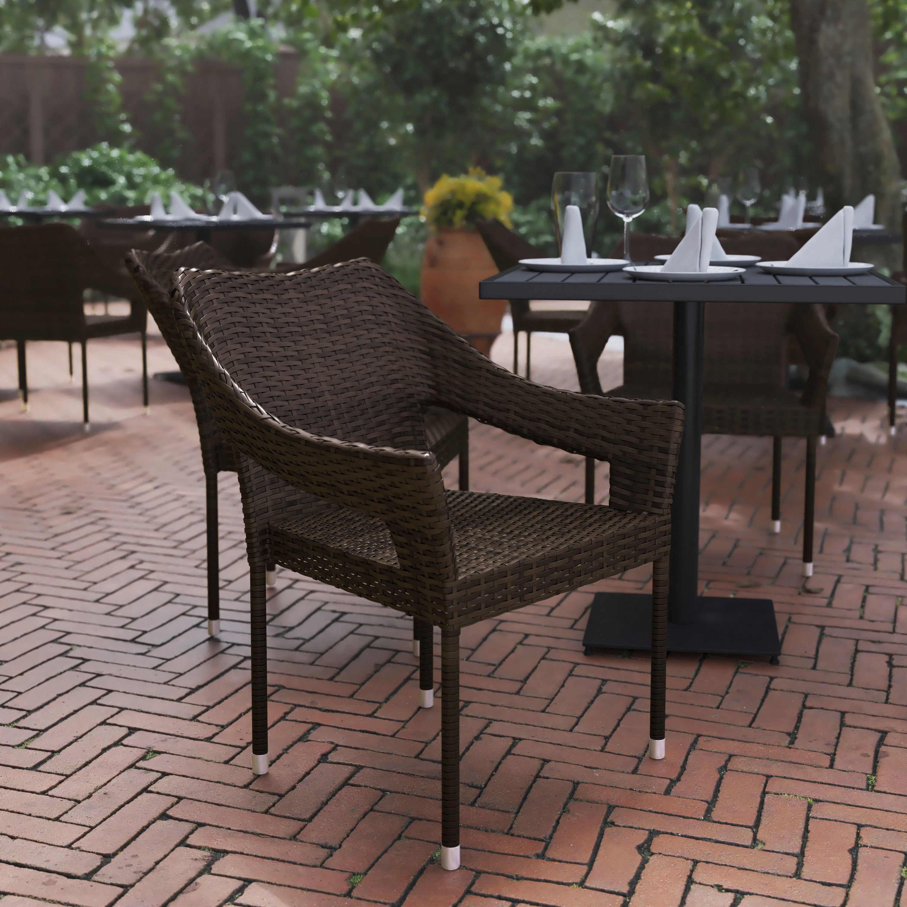 Ethan Commercial Grade Stacking Patio Chair, All Weather PE Rattan Wicker Patio Dining Chair in Espresso