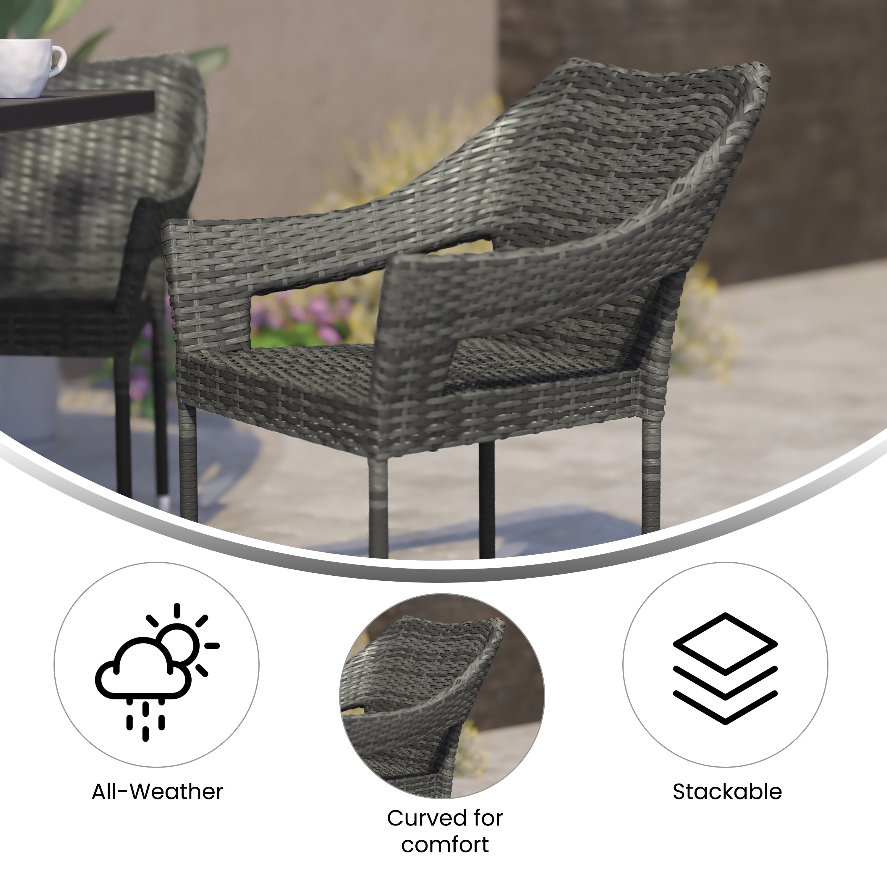 Ethan Commercial Grade Stacking Patio Chair, All Weather PE Rattan Wicker Patio Dining Chair in Gray