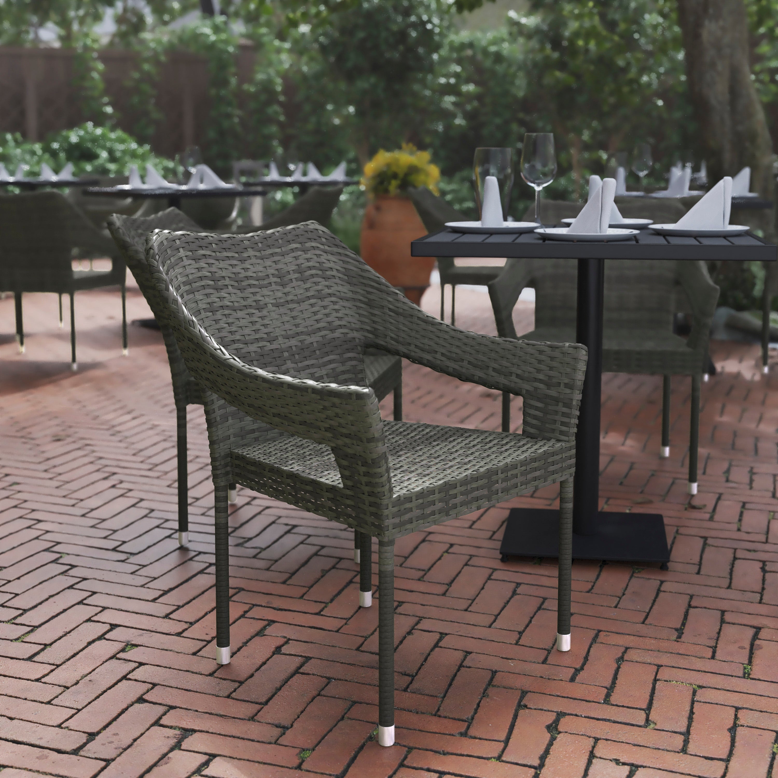 Ethan Commercial Grade Stacking Patio Chair, All Weather PE Rattan Wicker Patio Dining Chair in Gray