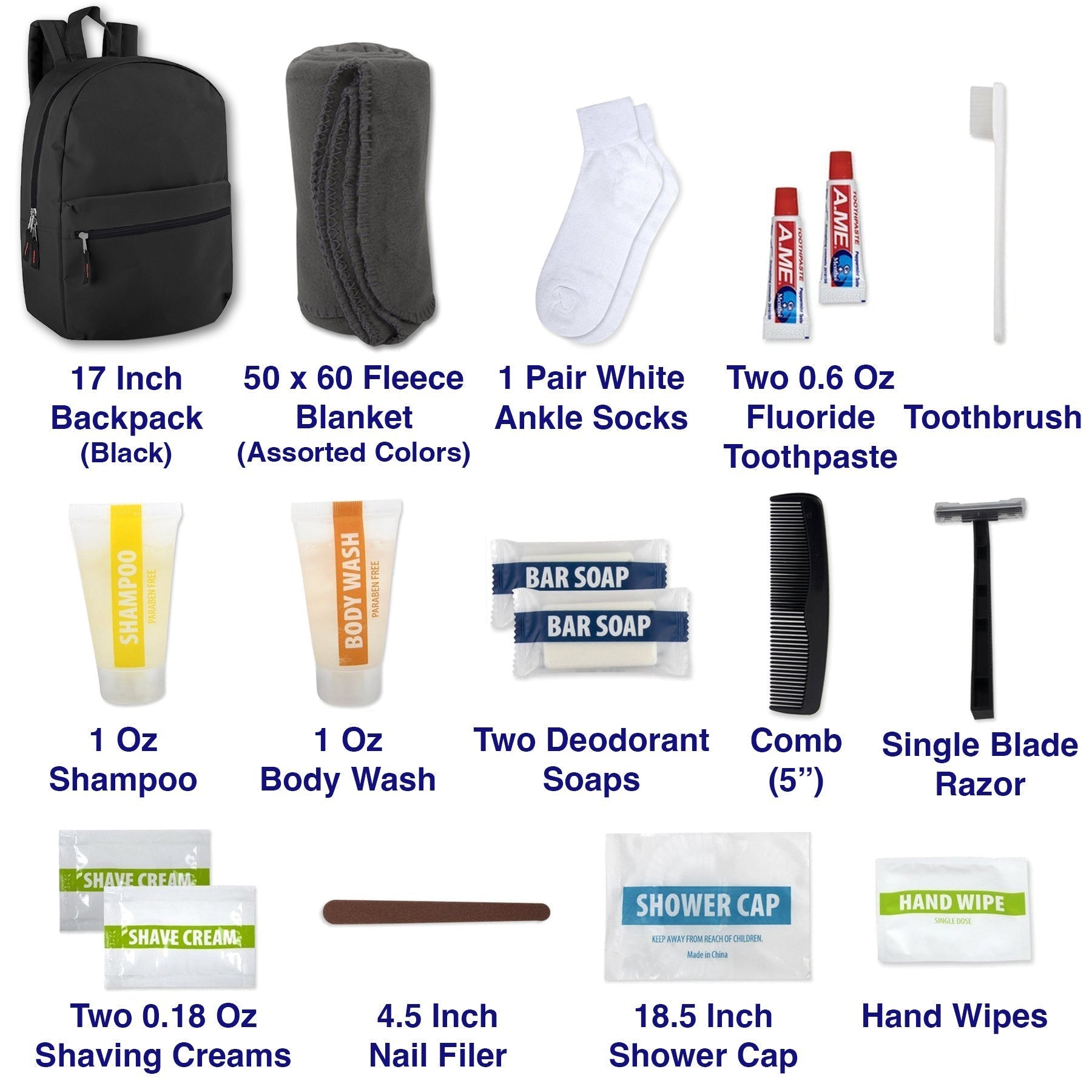 Essential Hygiene Kit 15-Piece with Backpack - 12 in the Pack