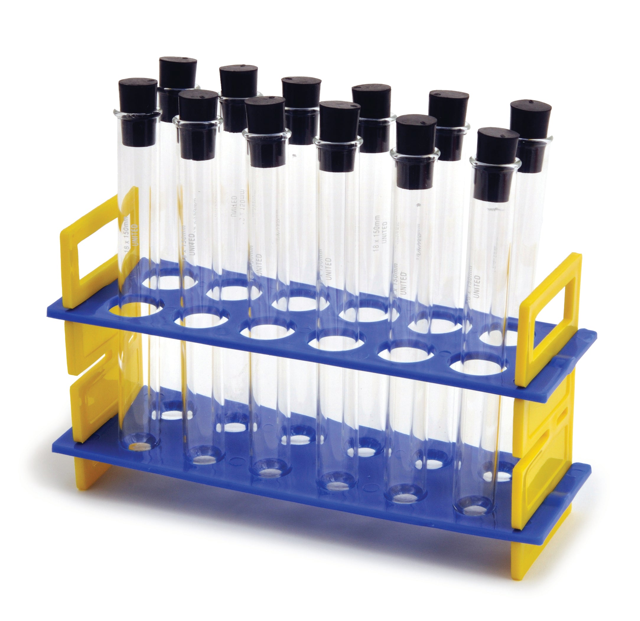United Scientific® Test Tube Rack W/ 24 mL Glass Tubes & Rubber Stoppers