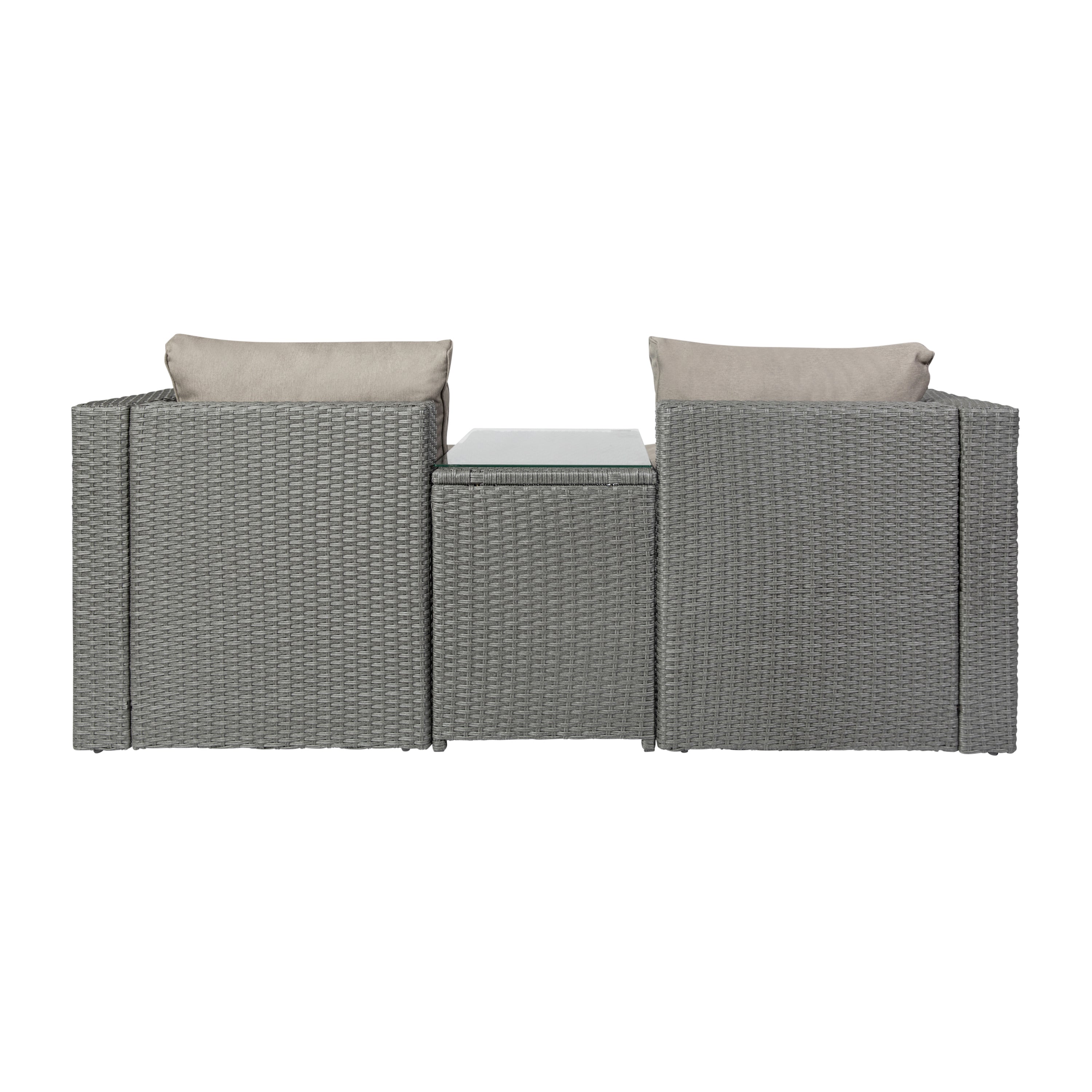Nico Indoor/Outdoor Modular Loveseat Sofa Set with Table and Ottomans, Gray Cushions and Gray Rattan