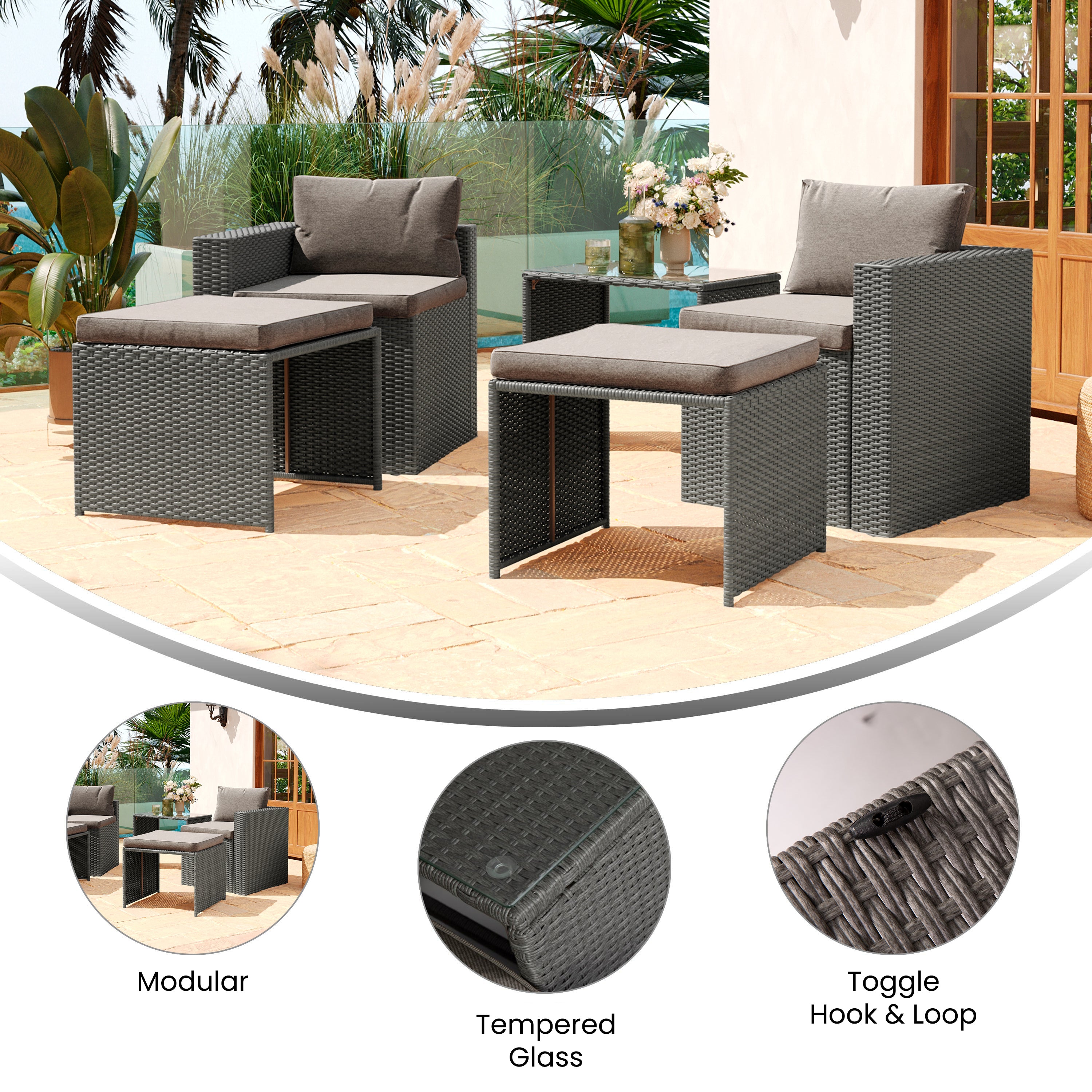 Nico Indoor/Outdoor Modular Loveseat Sofa Set with Table and Ottomans, Gray Cushions and Gray Rattan