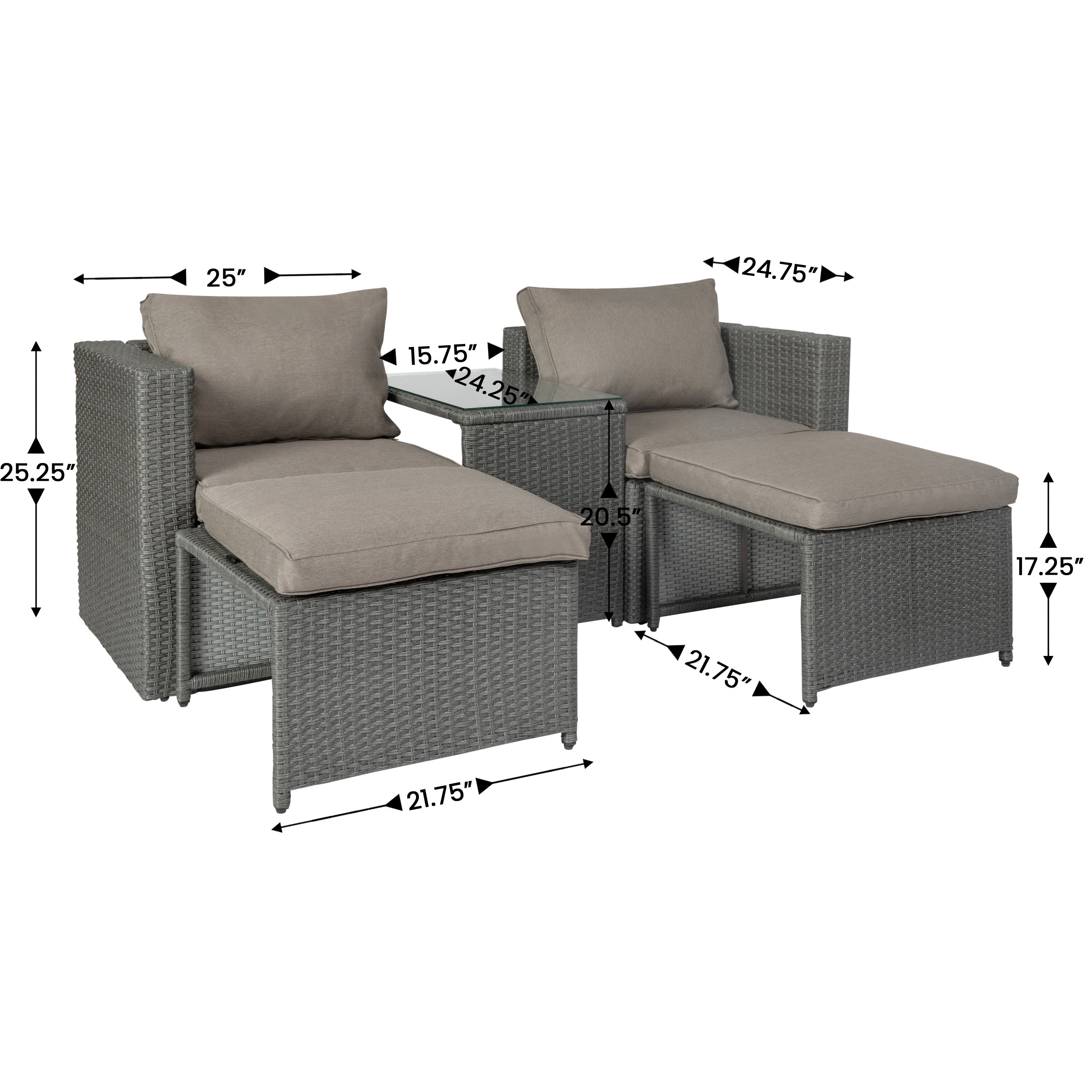 Nico Indoor/Outdoor Modular Loveseat Sofa Set with Table and Ottomans, Gray Cushions and Gray Rattan