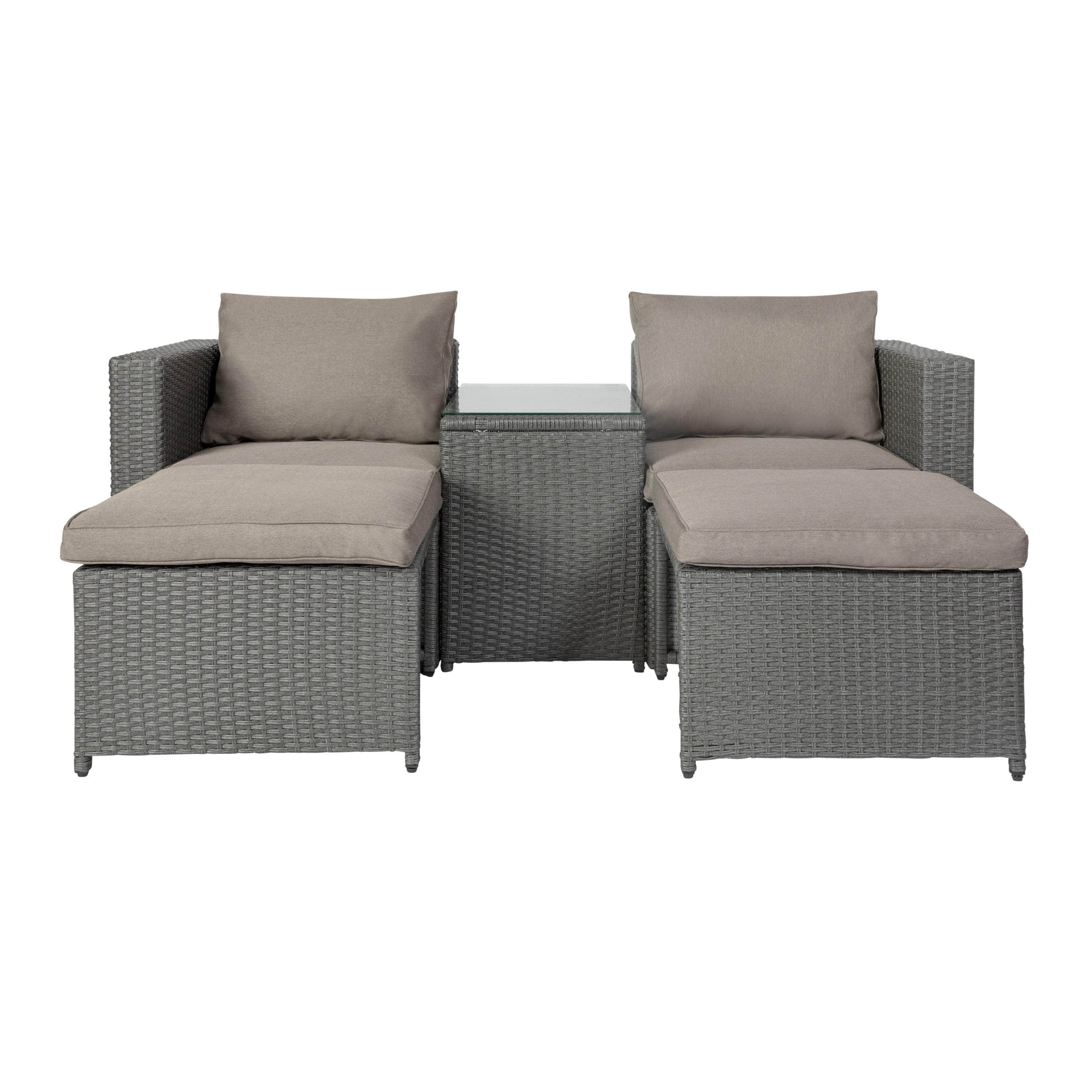 Nico Indoor/Outdoor Modular Loveseat Sofa Set with Table and Ottomans, Gray Cushions and Gray Rattan