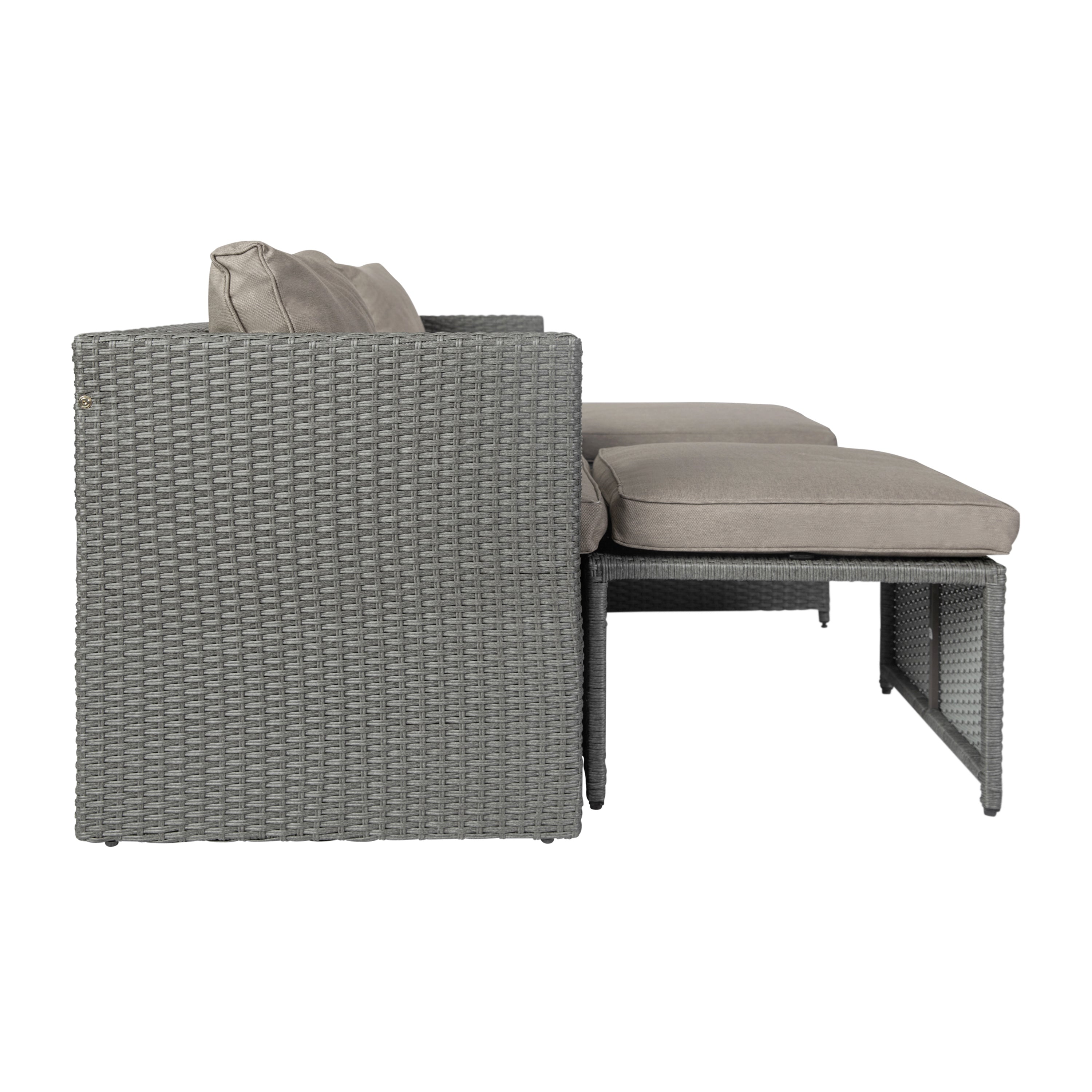 Nico Indoor/Outdoor Modular Loveseat Sofa Set with Table and Ottomans, Gray Cushions and Gray Rattan