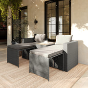 Nico Indoor/Outdoor Modular Loveseat Sofa Set with Table and Ottomans, Gray Cushions and Gray Rattan