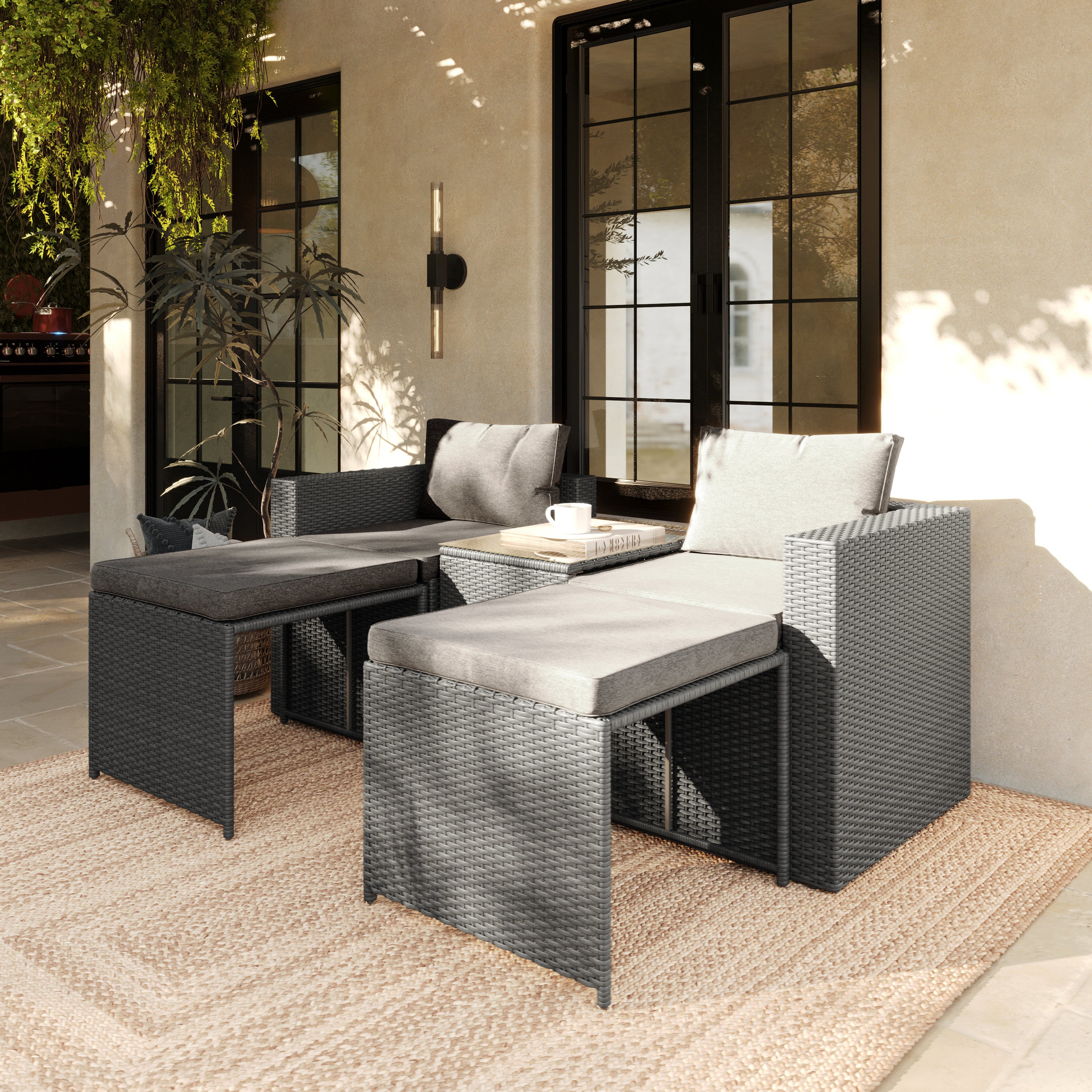 Nico Indoor/Outdoor Modular Loveseat Sofa Set with Table and Ottomans, Gray Cushions and Gray Rattan