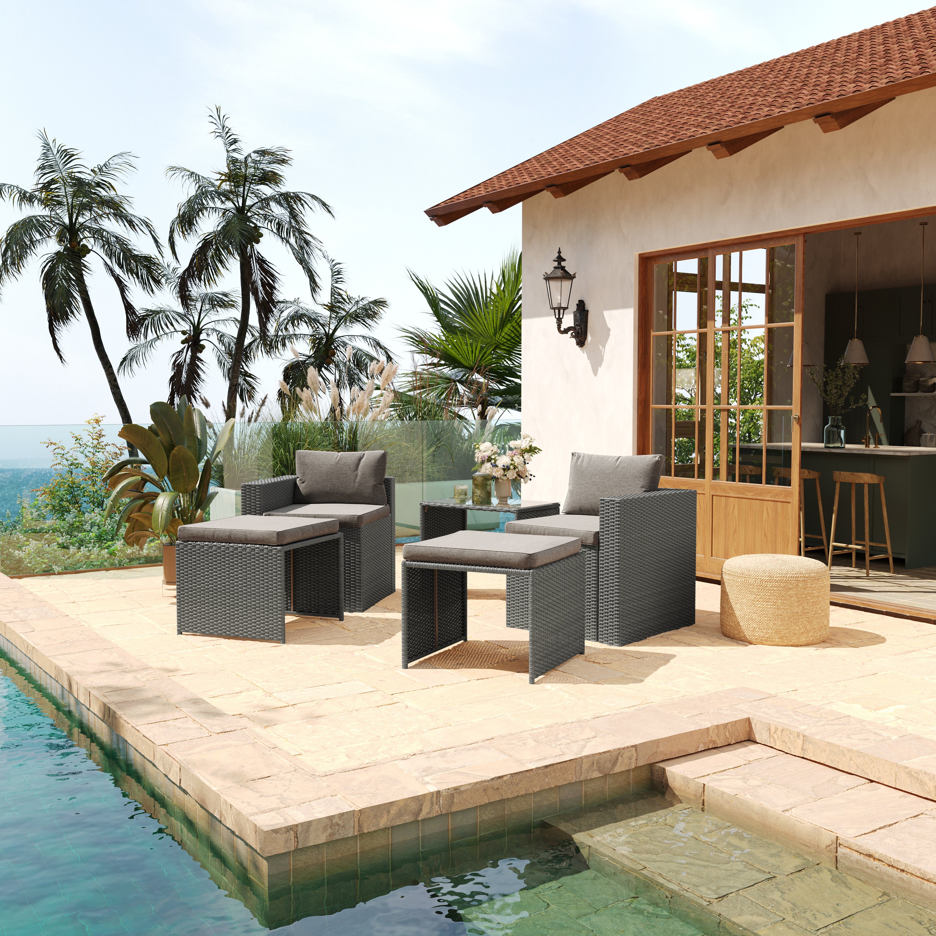 Nico Indoor/Outdoor Modular Loveseat Sofa Set with Table and Ottomans, Gray Cushions and Gray Rattan