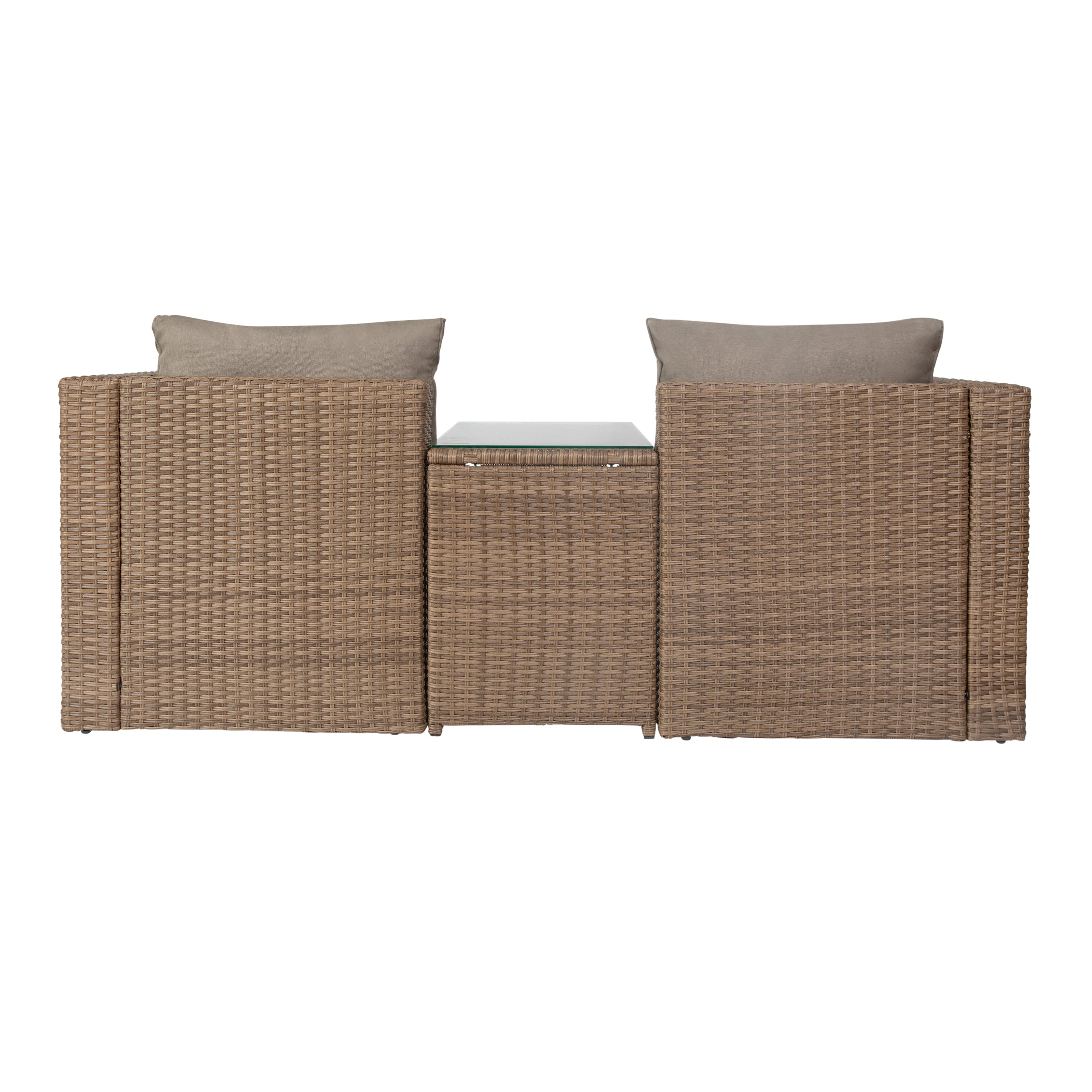 Nico Indoor/Outdoor Modular Loveseat Sofa Set with Table and Ottomans, Gray Cushions and Natural Rattan