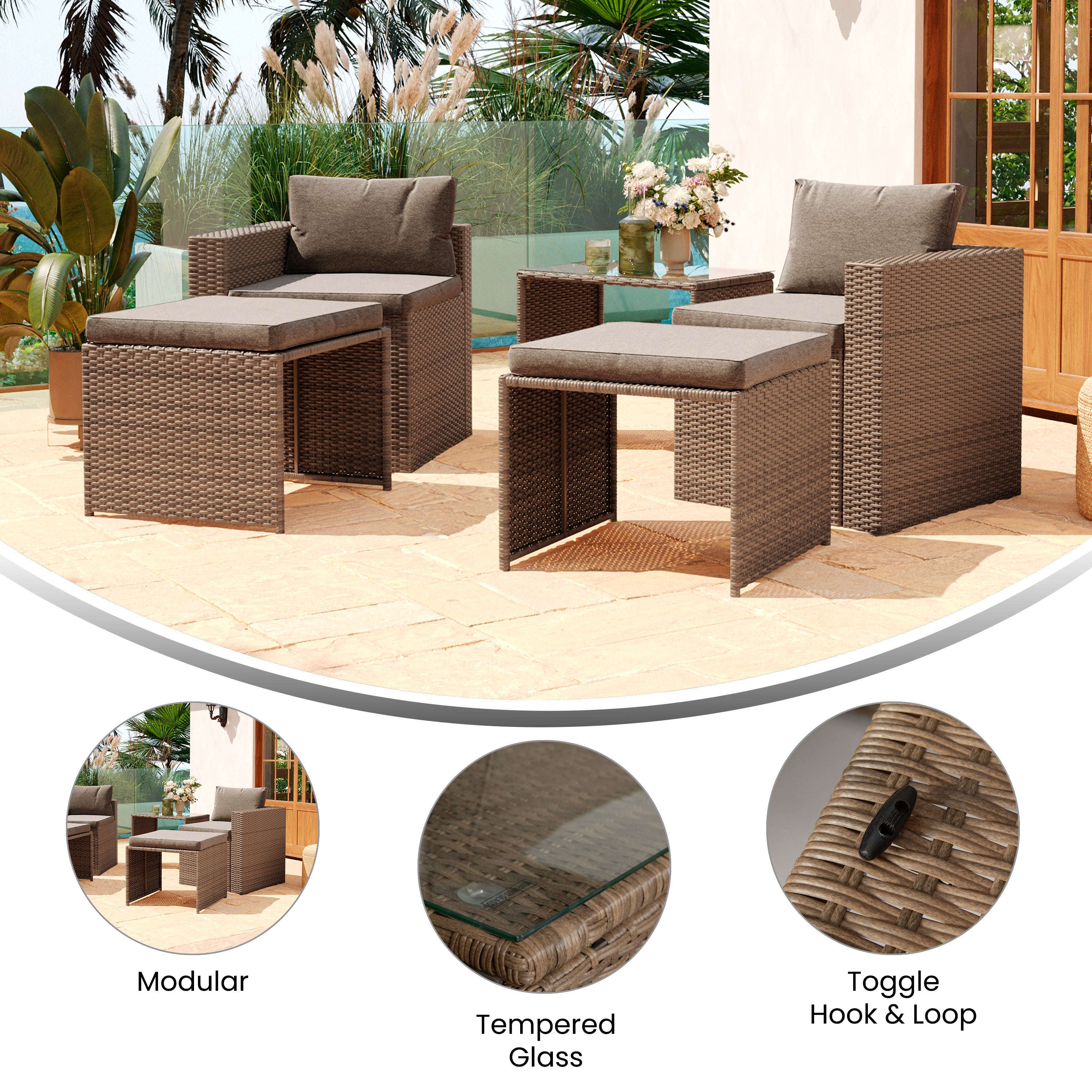 Nico Indoor/Outdoor Modular Loveseat Sofa Set with Table and Ottomans, Gray Cushions and Natural Rattan