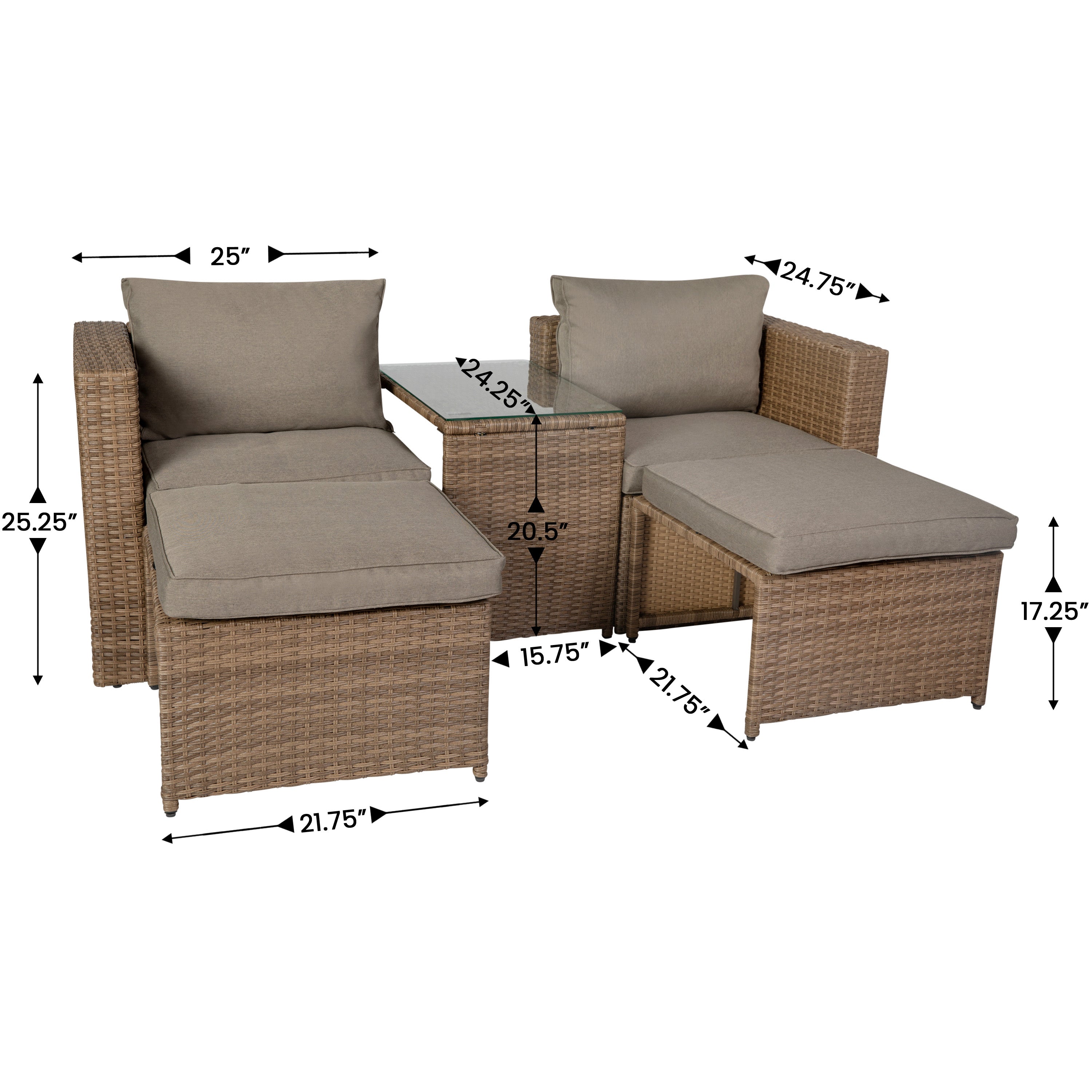 Nico Indoor/Outdoor Modular Loveseat Sofa Set with Table and Ottomans, Gray Cushions and Natural Rattan