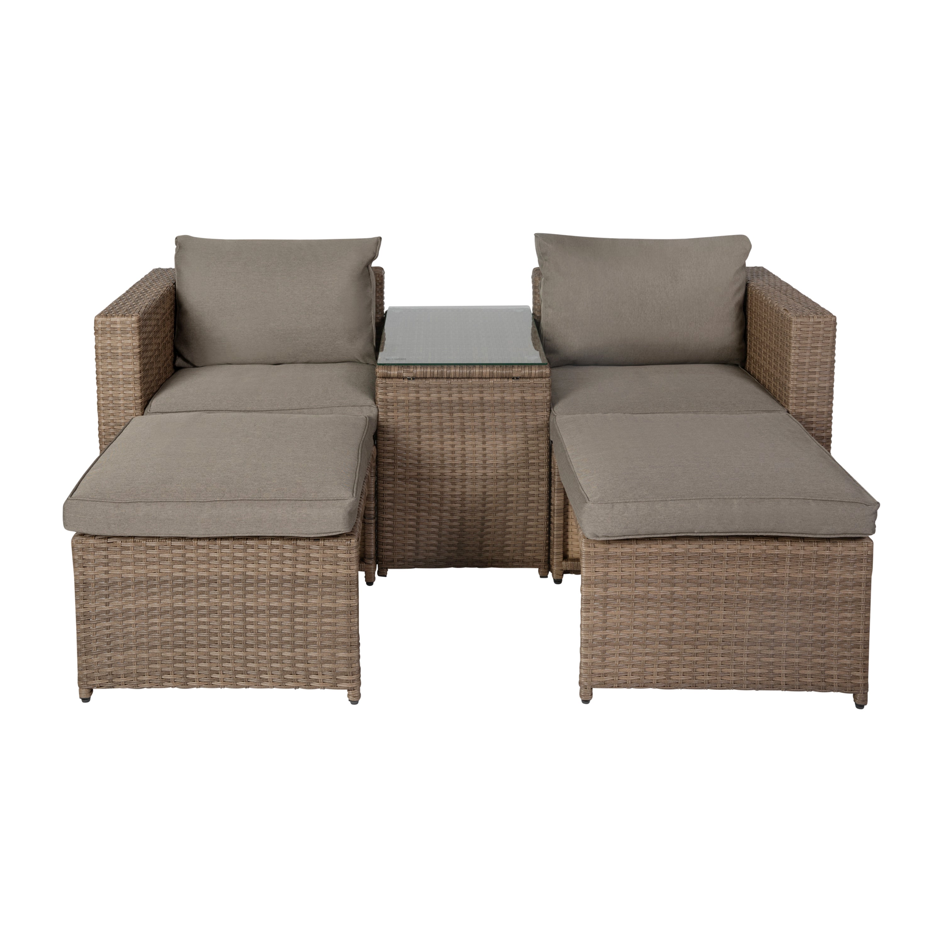 Nico Indoor/Outdoor Modular Loveseat Sofa Set with Table and Ottomans, Gray Cushions and Natural Rattan