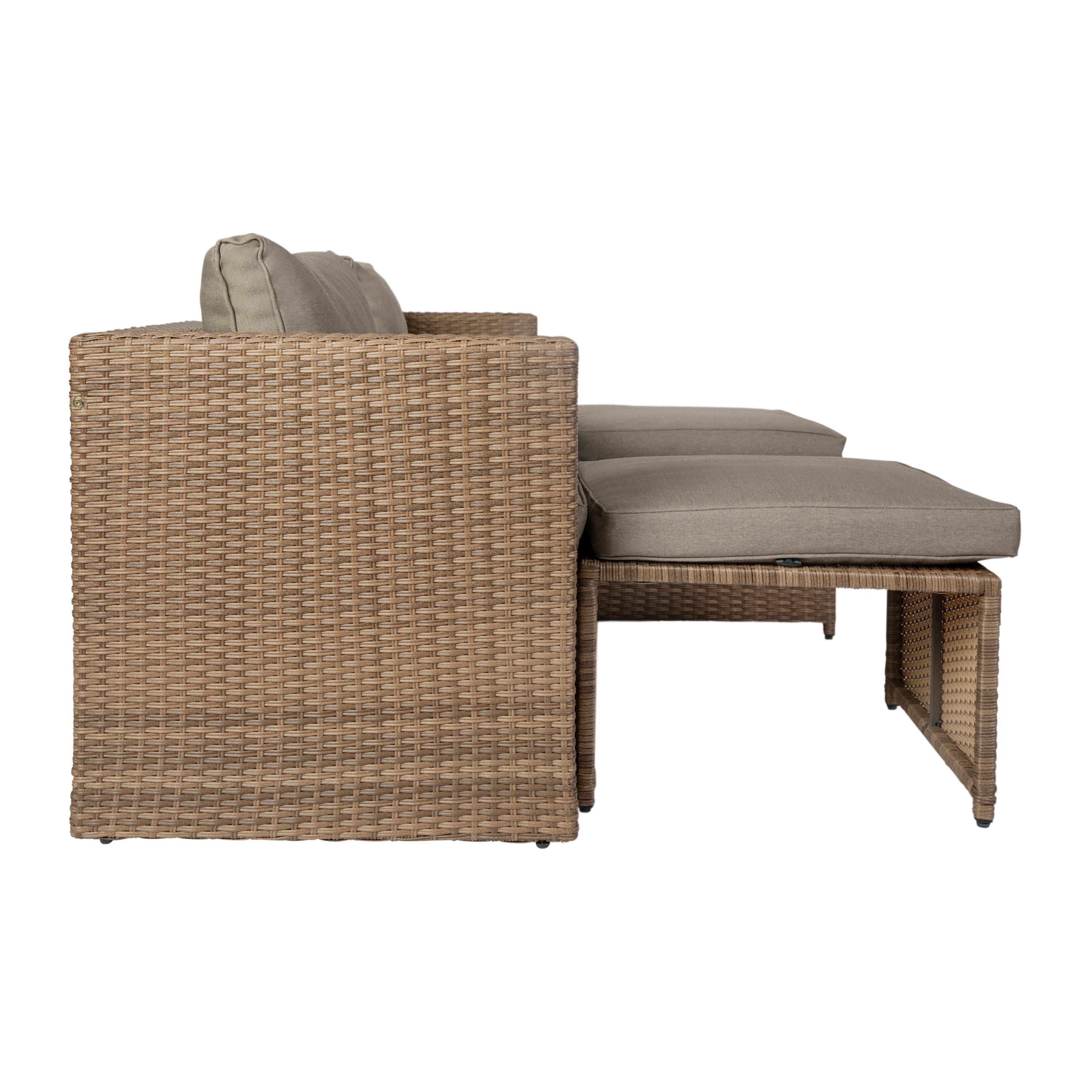 Nico Indoor/Outdoor Modular Loveseat Sofa Set with Table and Ottomans, Gray Cushions and Natural Rattan