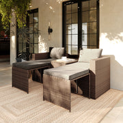 Nico Indoor/Outdoor Modular Loveseat Sofa Set with Table and Ottomans, Gray Cushions and Natural Rattan