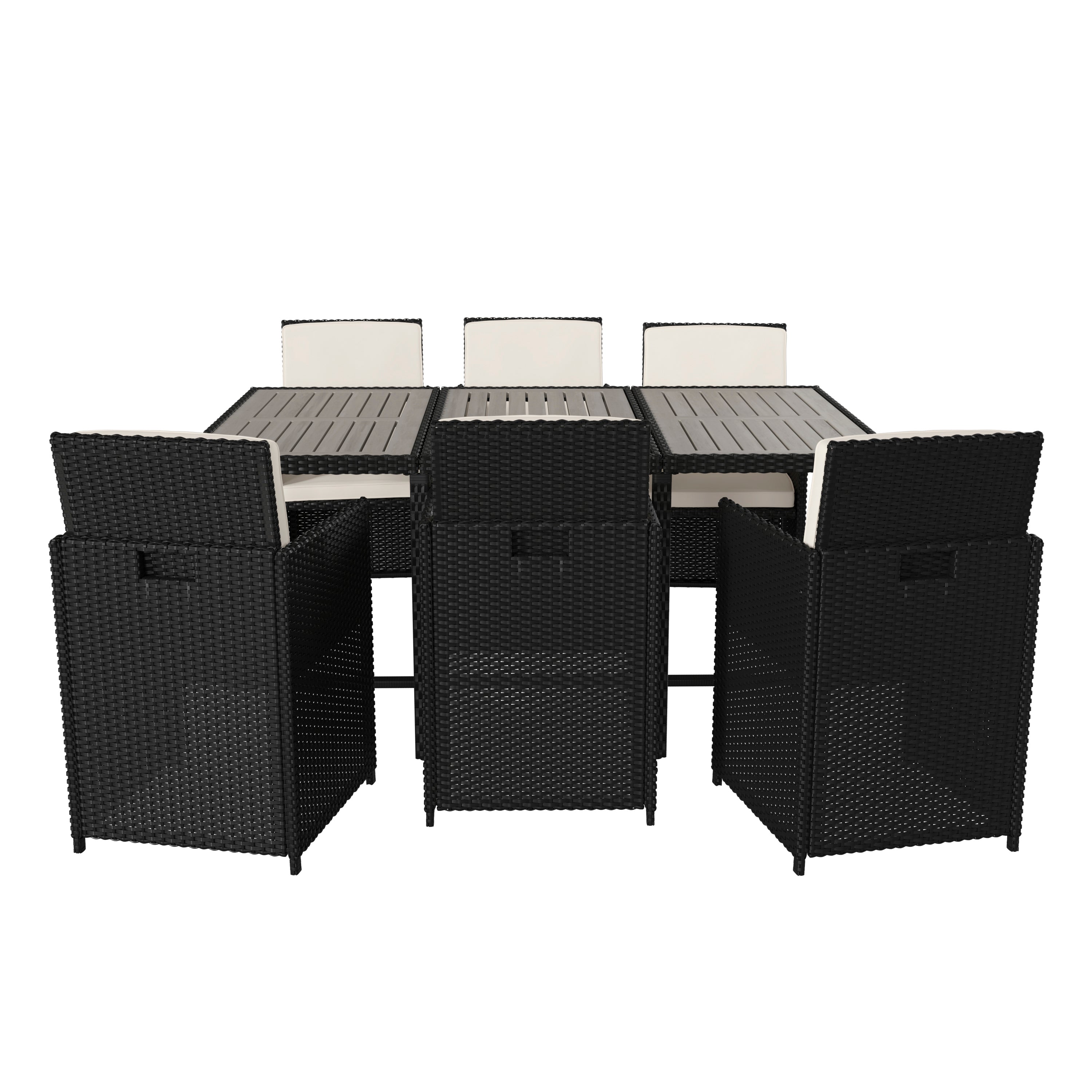 Peregrine 7 Piece Outdoor Patio Dining Set, Space Saving Black Wicker Modular Chairs-Cream Cushions & Gray Acacia Wood Table Top