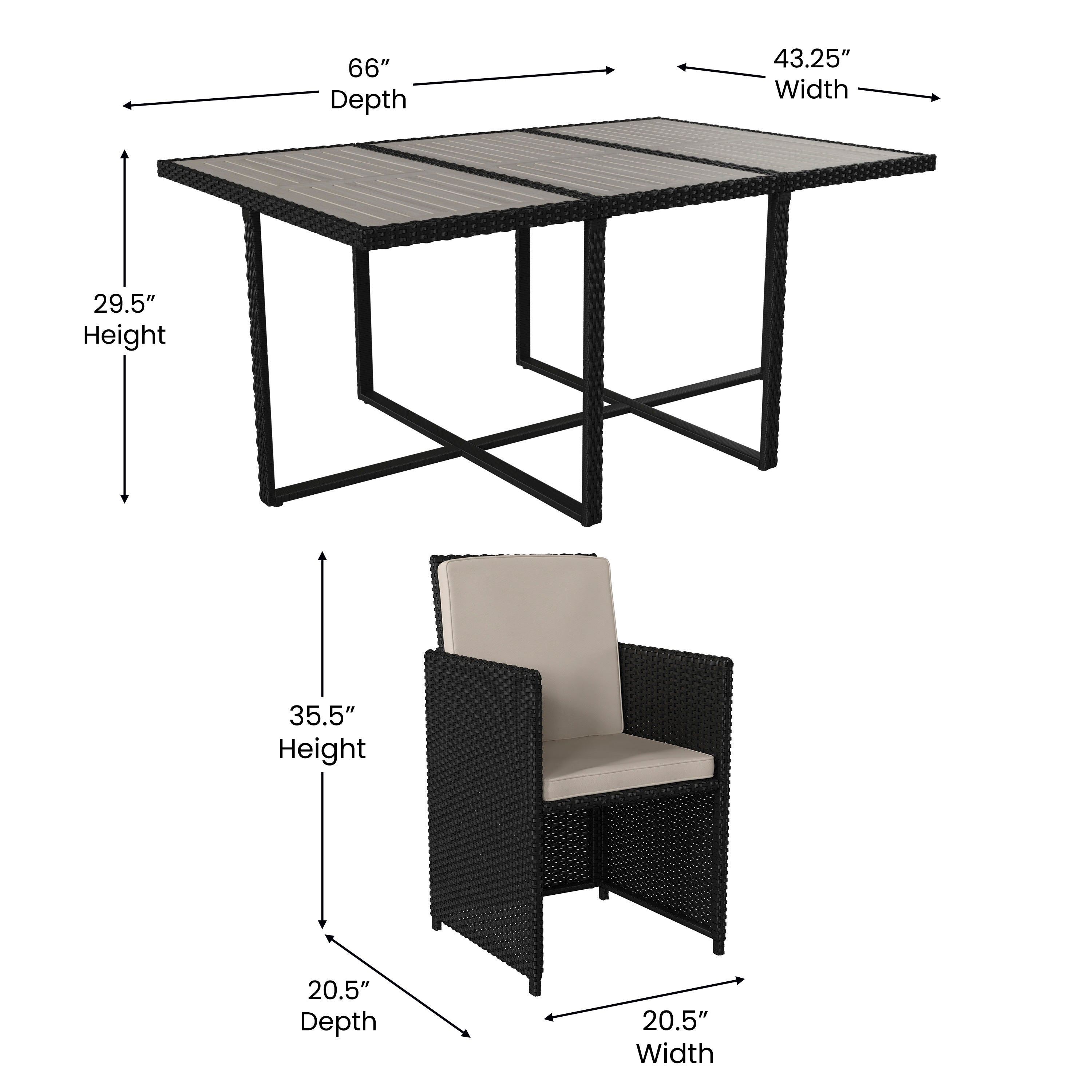 Peregrine 7 Piece Outdoor Patio Dining Set, Space Saving Black Wicker Modular Chairs-Cream Cushions & Gray Acacia Wood Table Top