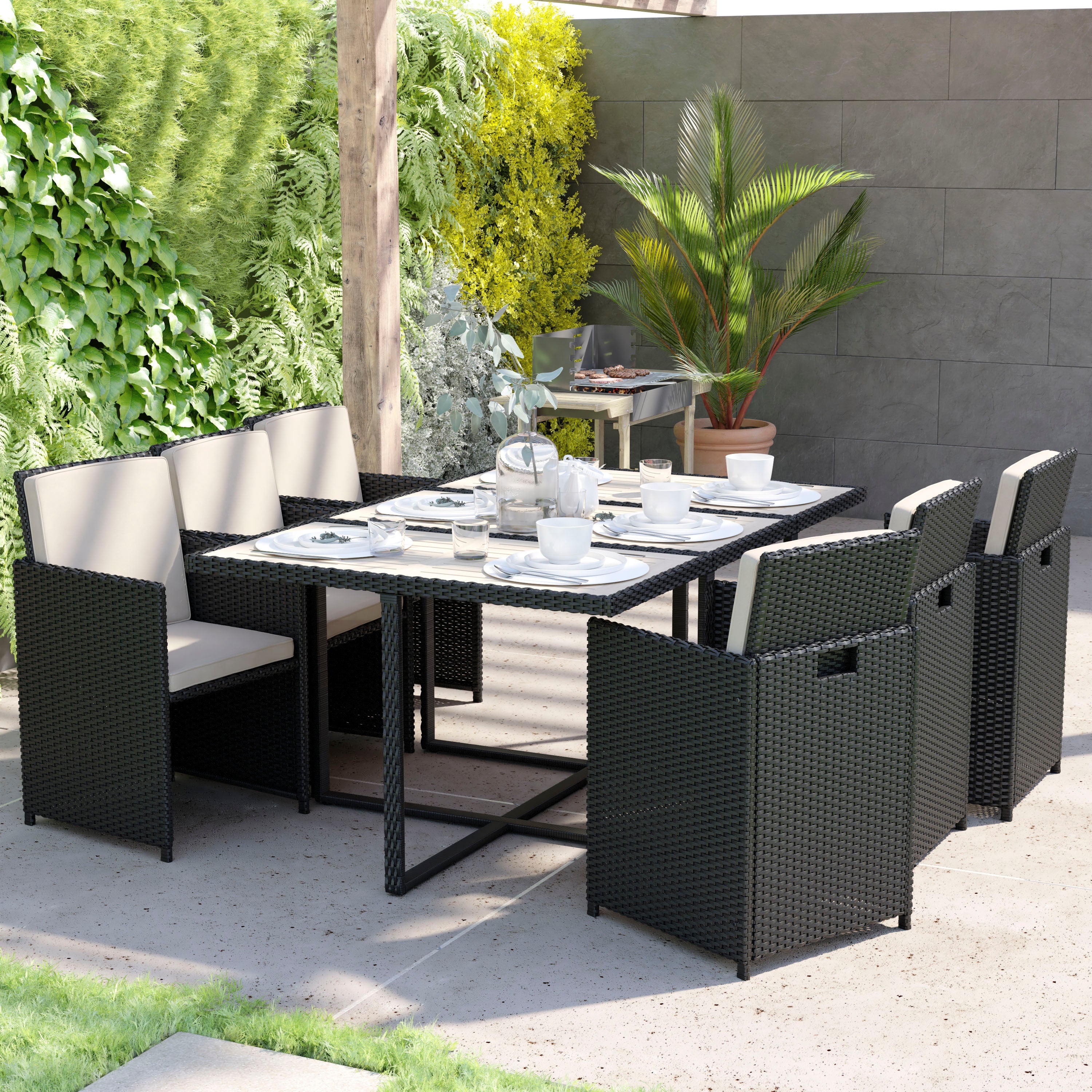 Peregrine 7 Piece Outdoor Patio Dining Set, Space Saving Black Wicker Modular Chairs-Cream Cushions & Gray Acacia Wood Table Top