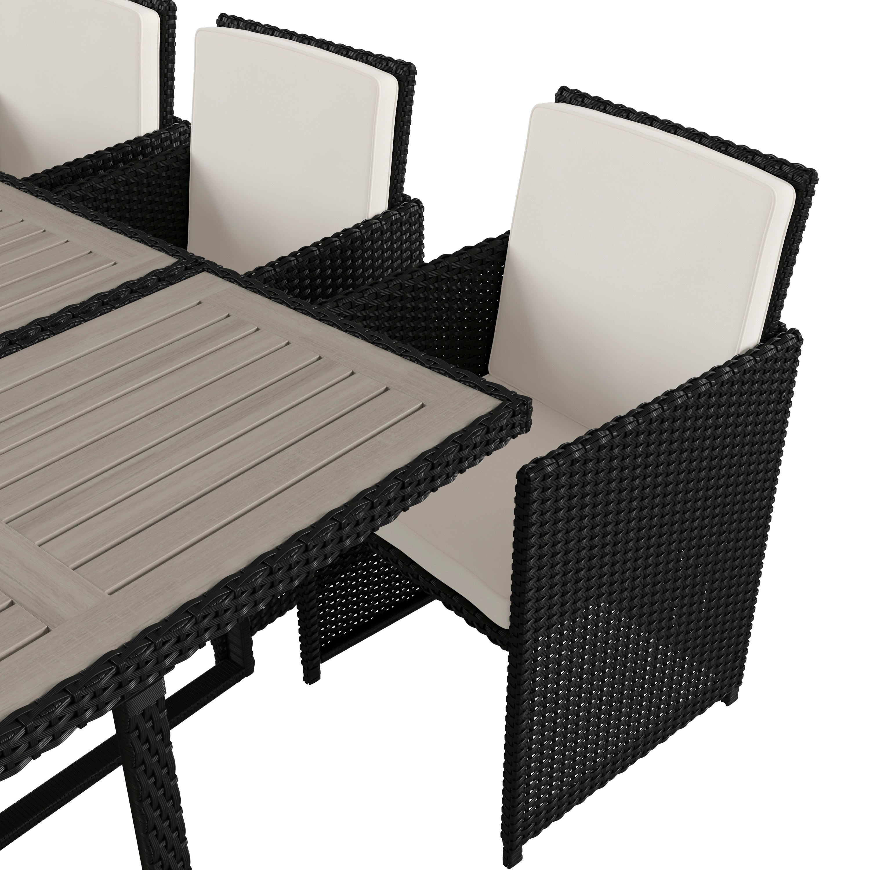 Peregrine 7 Piece Outdoor Patio Dining Set, Space Saving Black Wicker Modular Chairs-Cream Cushions & Gray Acacia Wood Table Top