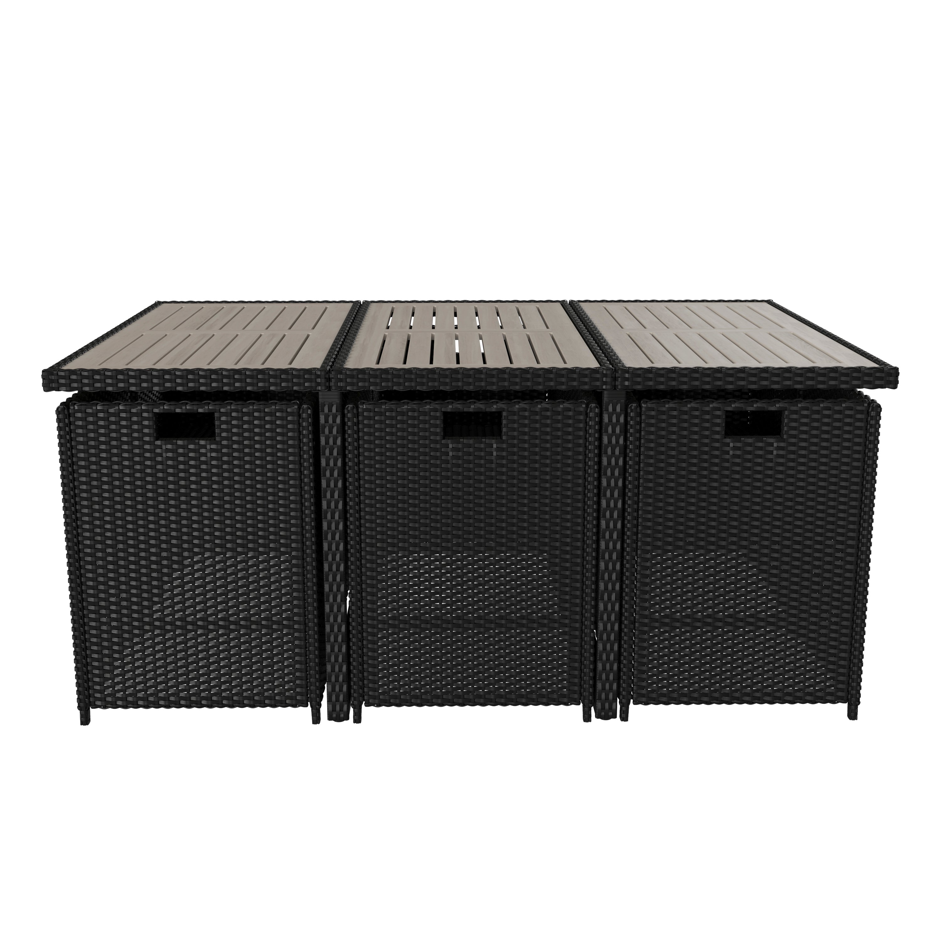 Peregrine 7 Piece Outdoor Patio Dining Set, Space Saving Black Wicker Modular Chairs-Cream Cushions & Gray Acacia Wood Table Top