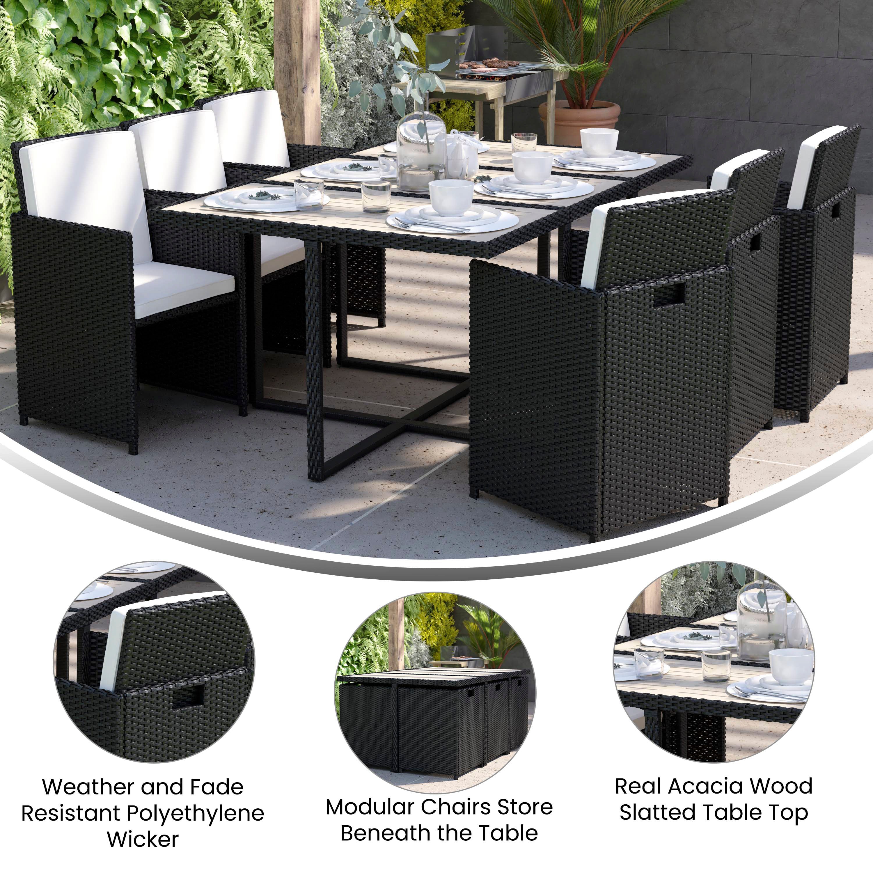 Peregrine 7 Piece Outdoor Patio Dining Set, Space Saving Black Wicker Modular Chairs-Cream Cushions & Gray Acacia Wood Table Top