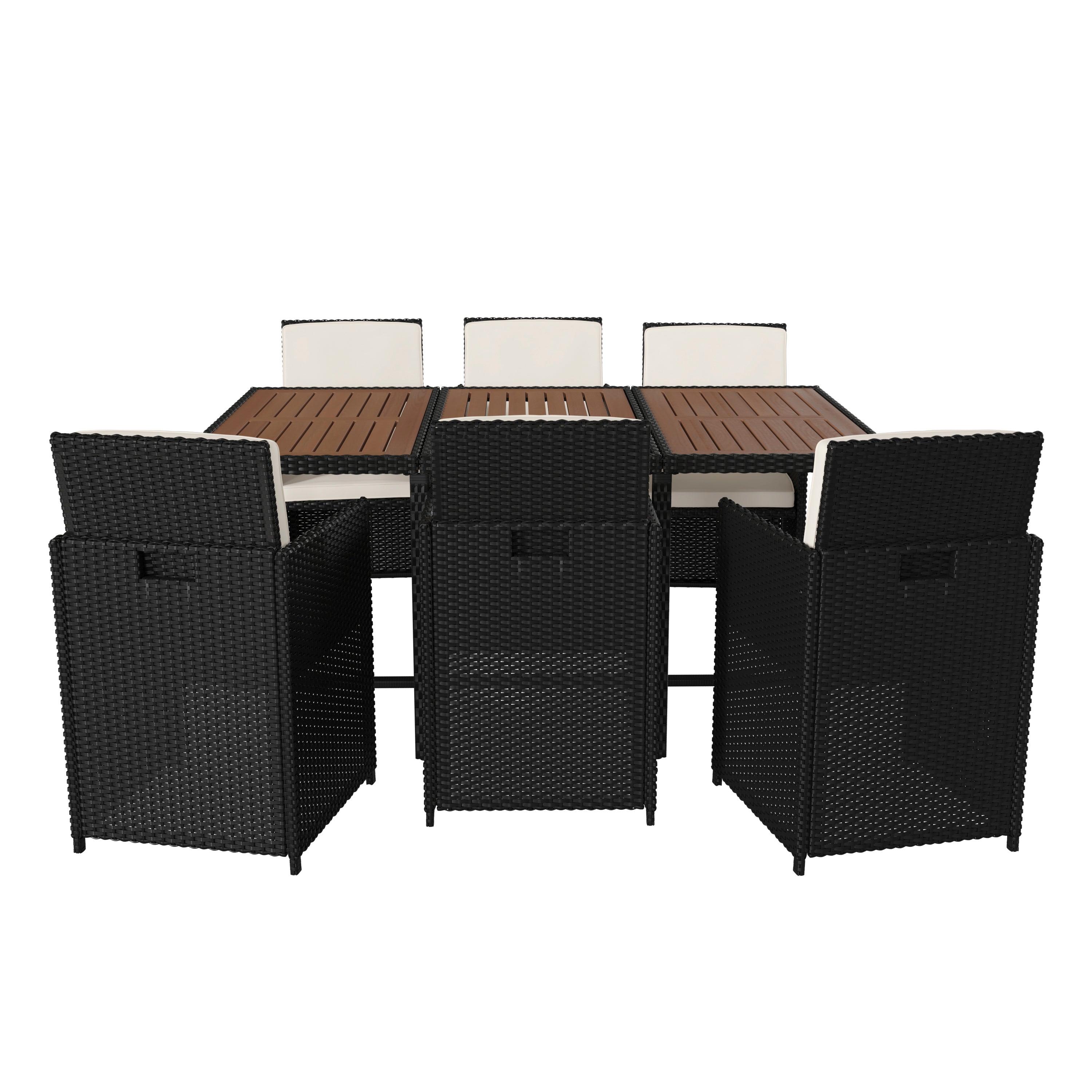 Peregrine 7 Piece Outdoor Patio Dining Set, Space Saving Black Wicker Modular Chairs-Cream Cushions & Natural Acacia Wood Table Top