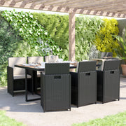 Peregrine 7 Piece Outdoor Patio Dining Set, Space Saving Black Wicker Modular Chairs-Cream Cushions & Natural Acacia Wood Table Top