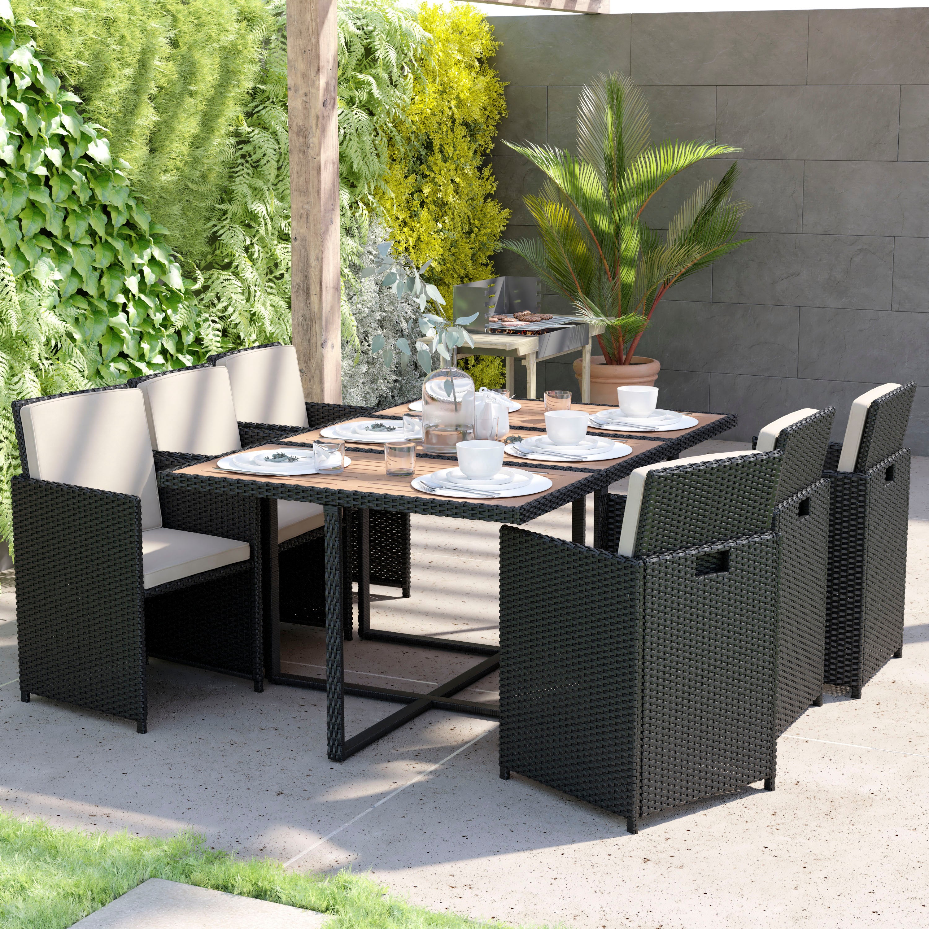 Peregrine 7 Piece Outdoor Patio Dining Set, Space Saving Black Wicker Modular Chairs-Cream Cushions & Natural Acacia Wood Table Top