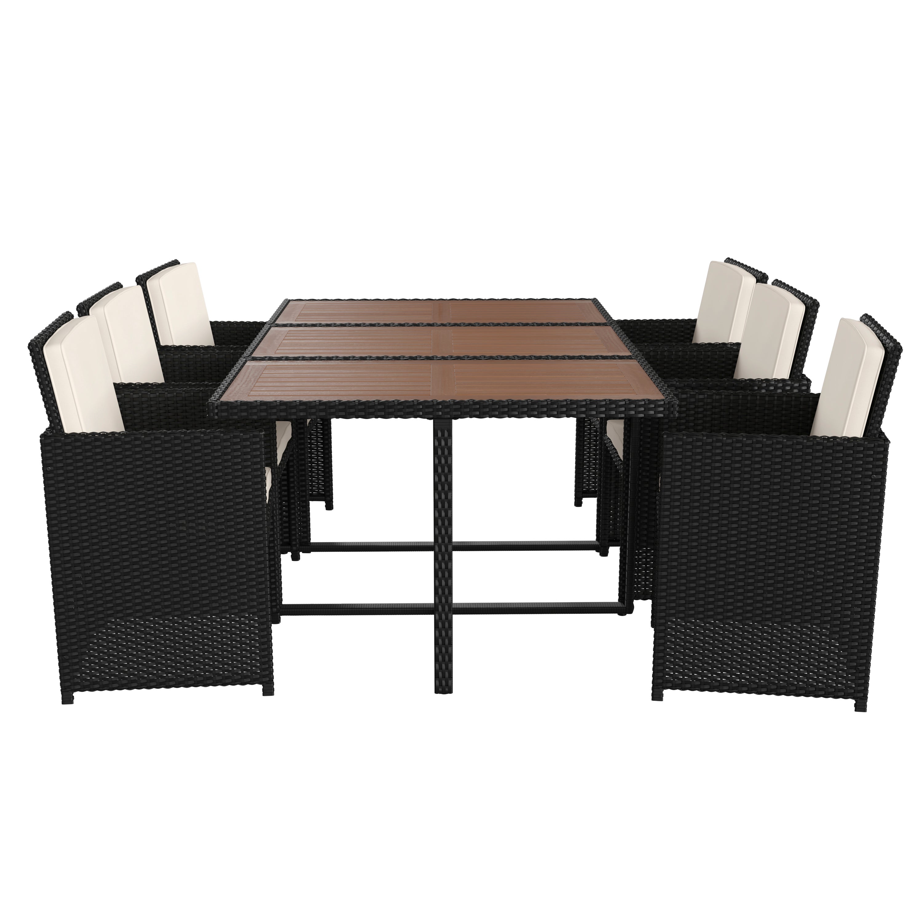 Peregrine 7 Piece Outdoor Patio Dining Set, Space Saving Black Wicker Modular Chairs-Cream Cushions & Natural Acacia Wood Table Top