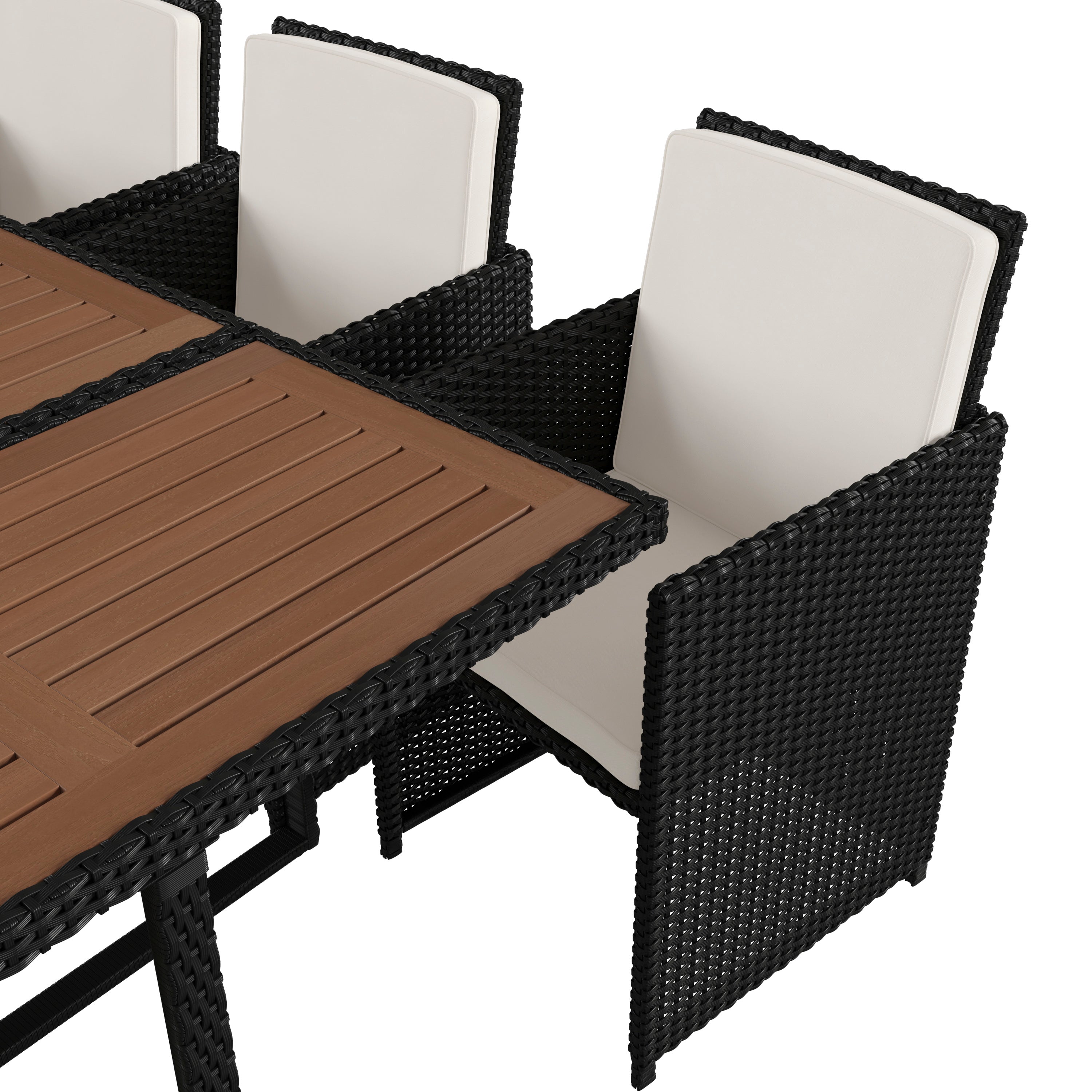 Peregrine 7 Piece Outdoor Patio Dining Set, Space Saving Black Wicker Modular Chairs-Cream Cushions & Natural Acacia Wood Table Top