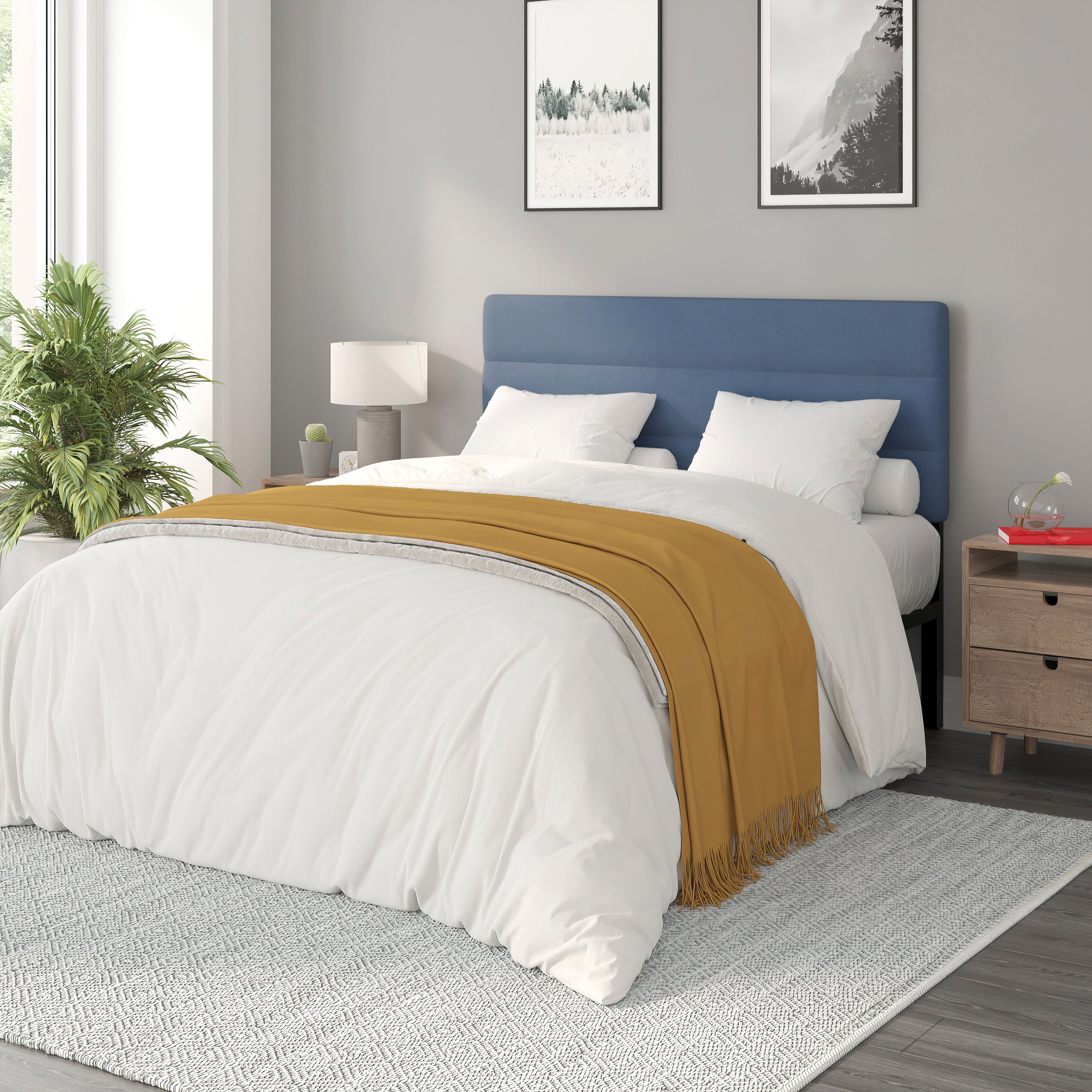 Paxton Queen Channel Stitched Fabric Upholstered Headboard, Adjustable Height from 44.5" to 57.25" - Blue