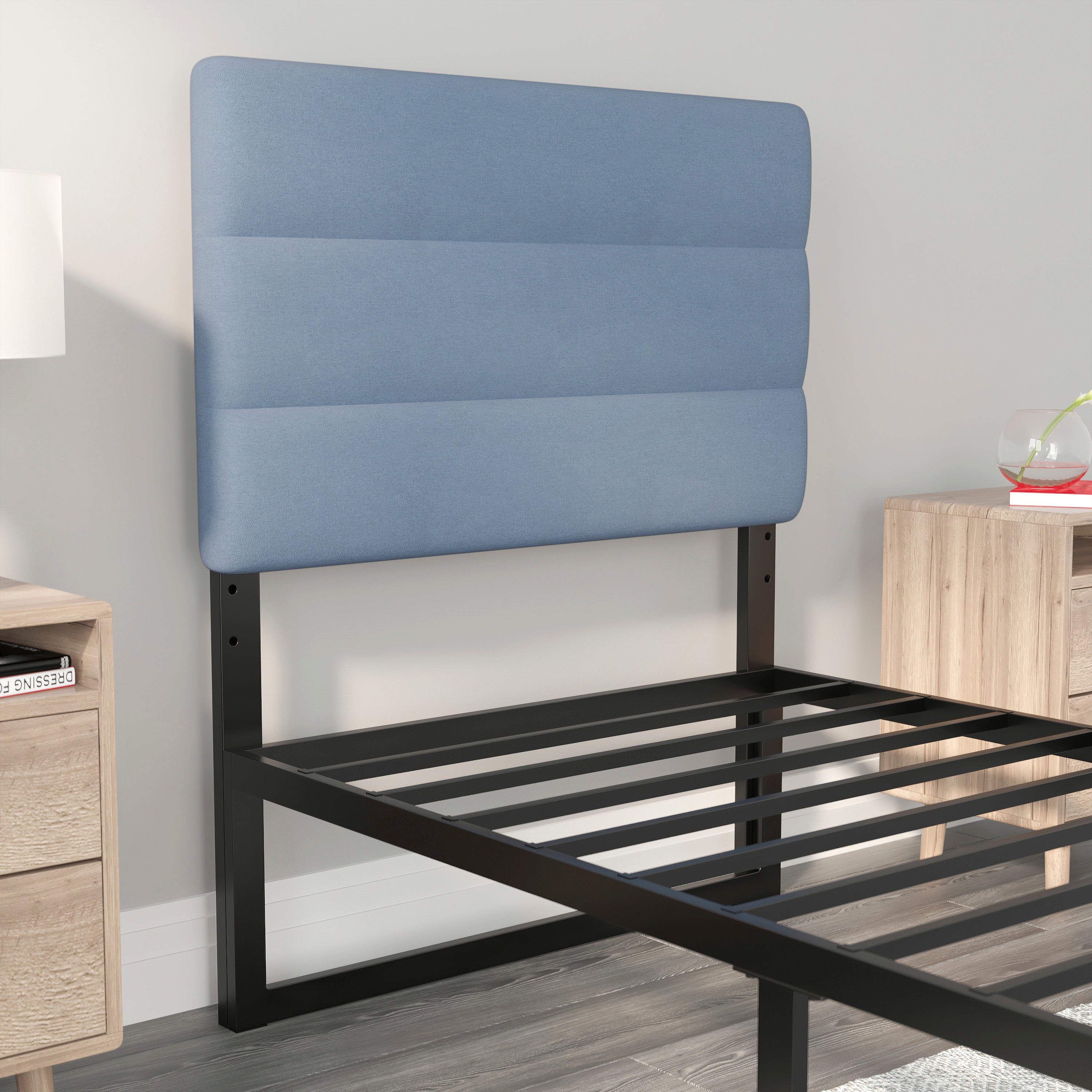 Paxton Twin Channel Stitched Fabric Upholstered Headboard, Adjustable Height from 44.5" to 57.25" - Blue