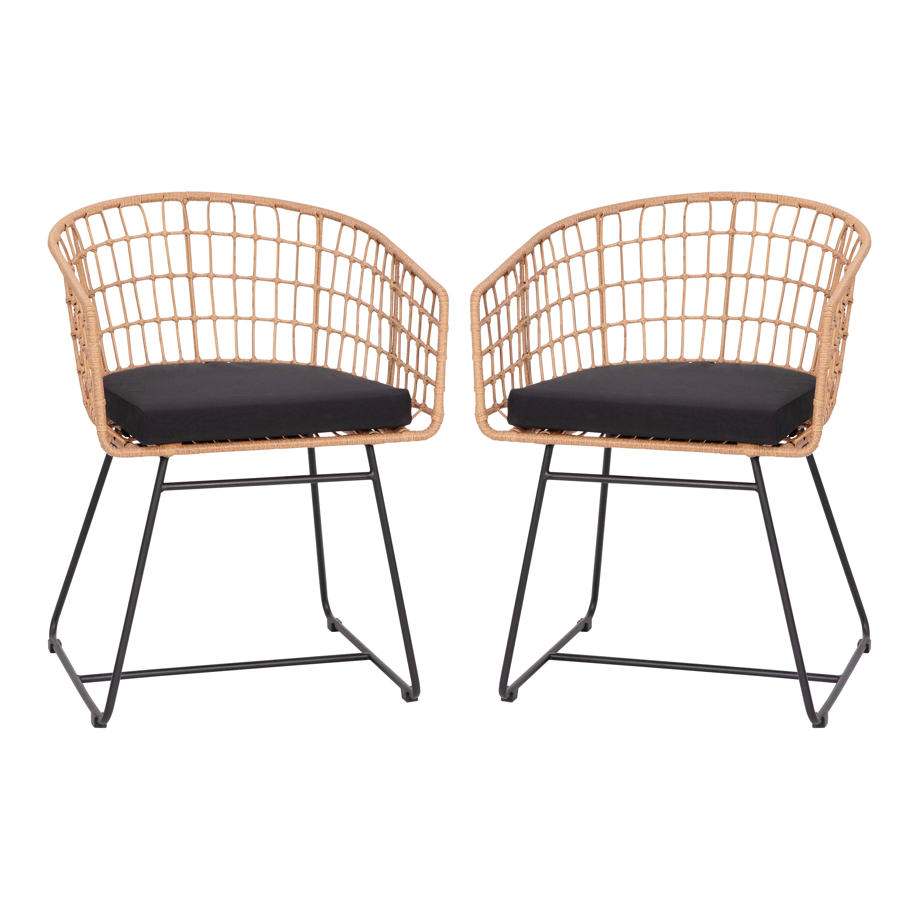 Devon Set of 2 Indoor/Outdoor Patio Boho Club Chairs, Rope with Natural PE Wicker Rattan, Black Cushions and Sled Base