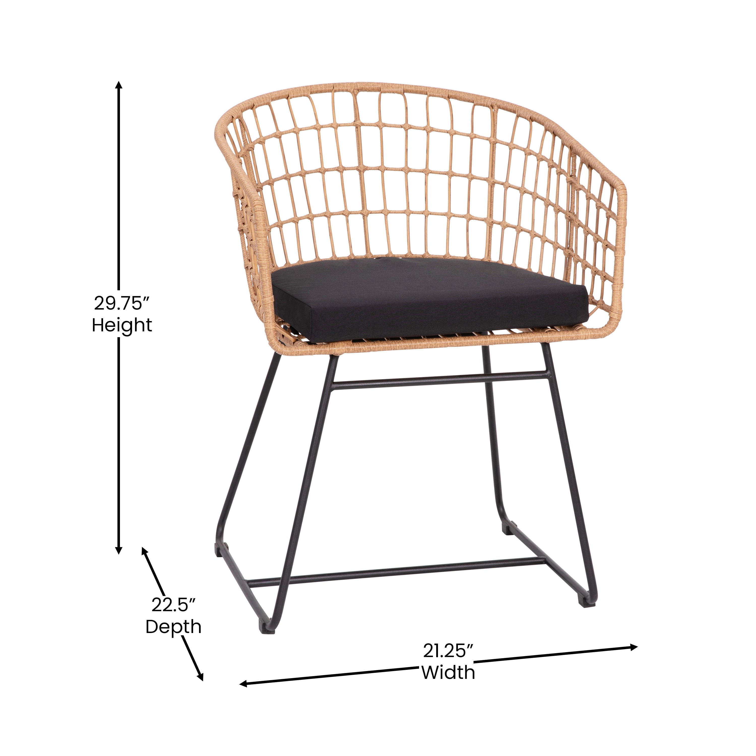 Devon Set of 2 Indoor/Outdoor Patio Boho Club Chairs, Rope with Natural PE Wicker Rattan, Black Cushions and Sled Base