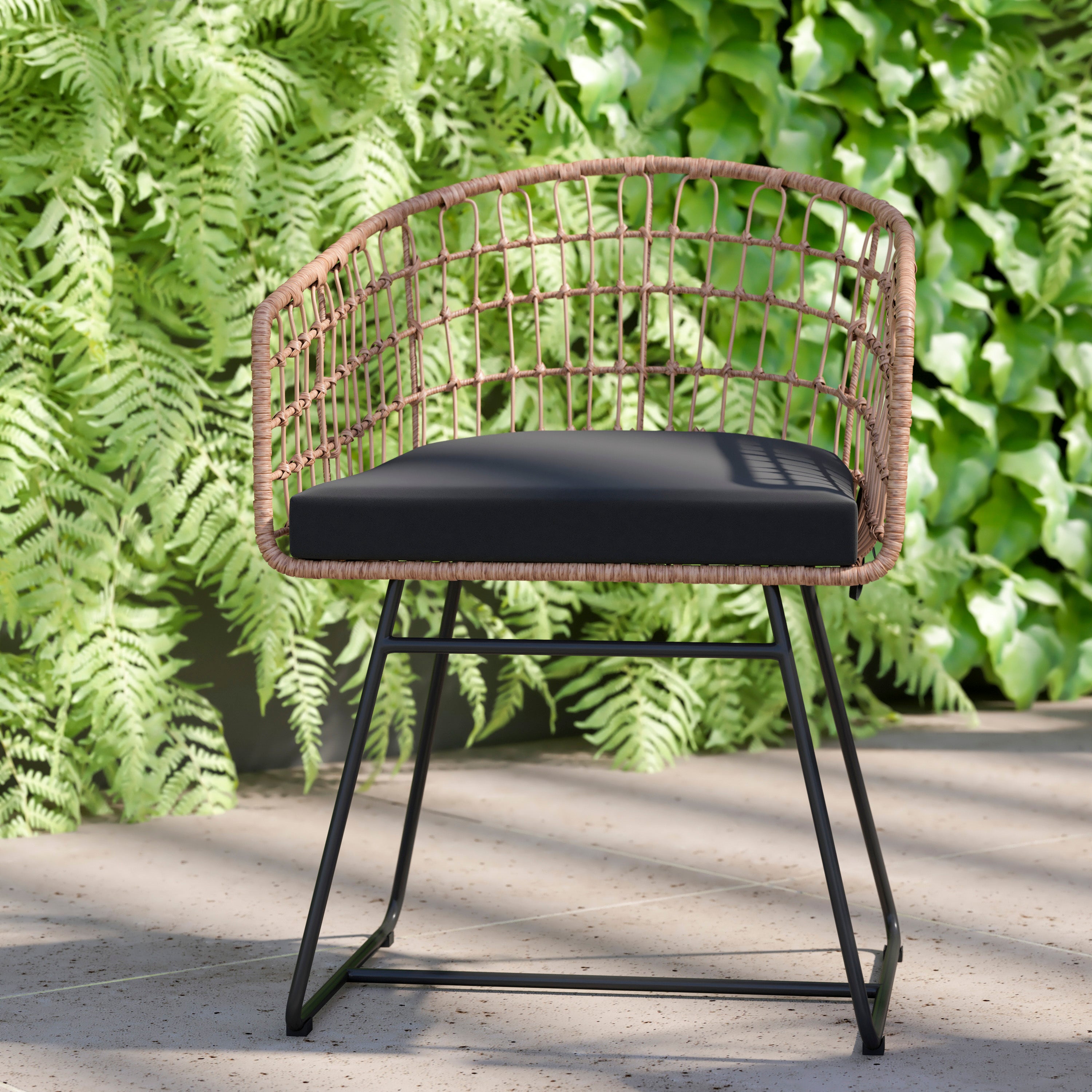 Devon Set of 2 Indoor/Outdoor Patio Boho Club Chairs, Rope with Natural PE Wicker Rattan, Black Cushions and Sled Base