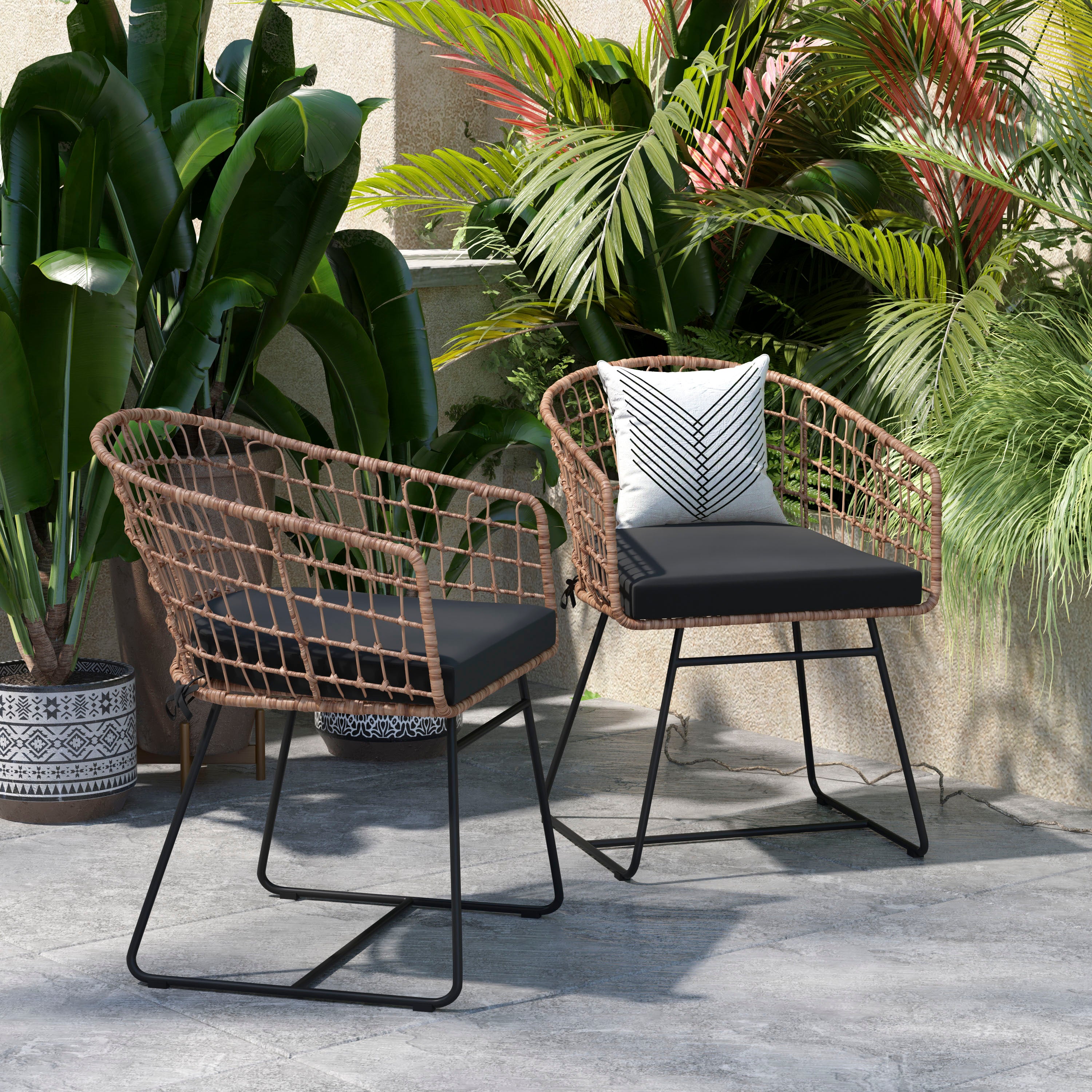 Devon Set of 2 Indoor/Outdoor Patio Boho Club Chairs, Rope with Natural PE Wicker Rattan, Black Cushions and Sled Base