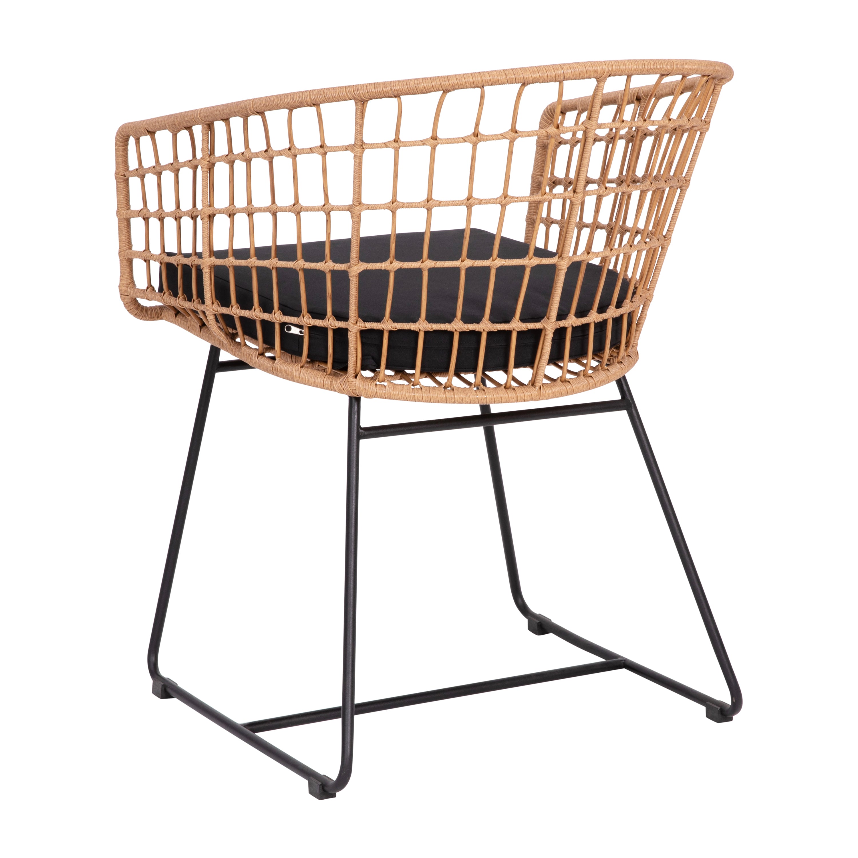 Devon Set of 2 Indoor/Outdoor Patio Boho Club Chairs, Rope with Natural PE Wicker Rattan, Black Cushions and Sled Base