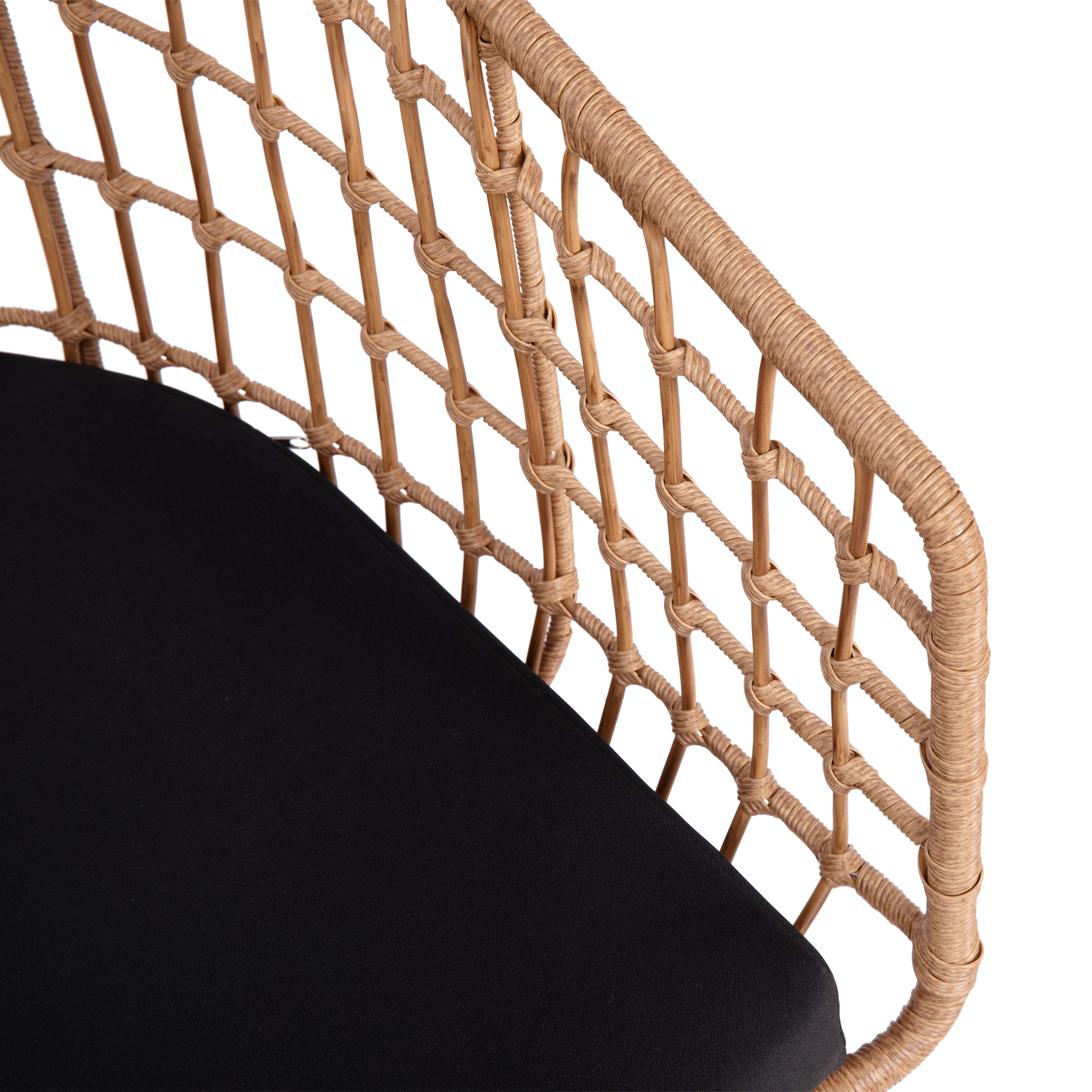 Devon Set of 2 Indoor/Outdoor Patio Boho Club Chairs, Rope with Natural PE Wicker Rattan, Black Cushions and Sled Base