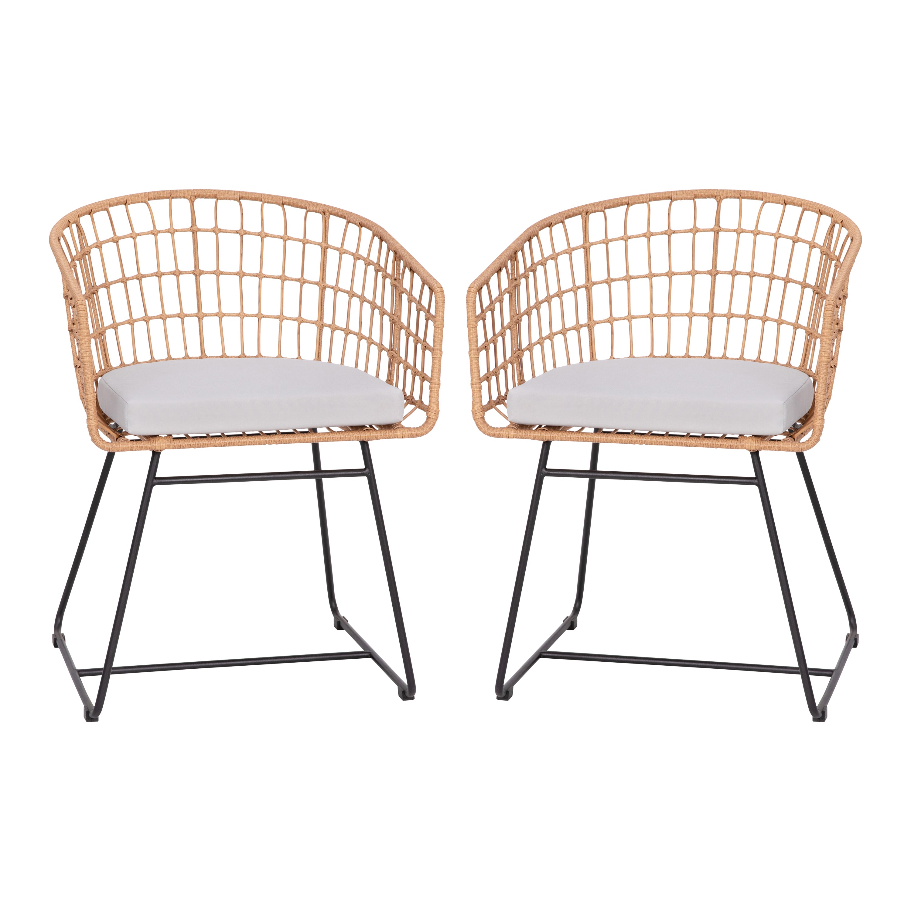 Devon Set of 2 Indoor/Outdoor Patio Boho Club Chairs, Rope with Natural PE Wicker Rattan, Light Gray Cushions and Sled Base