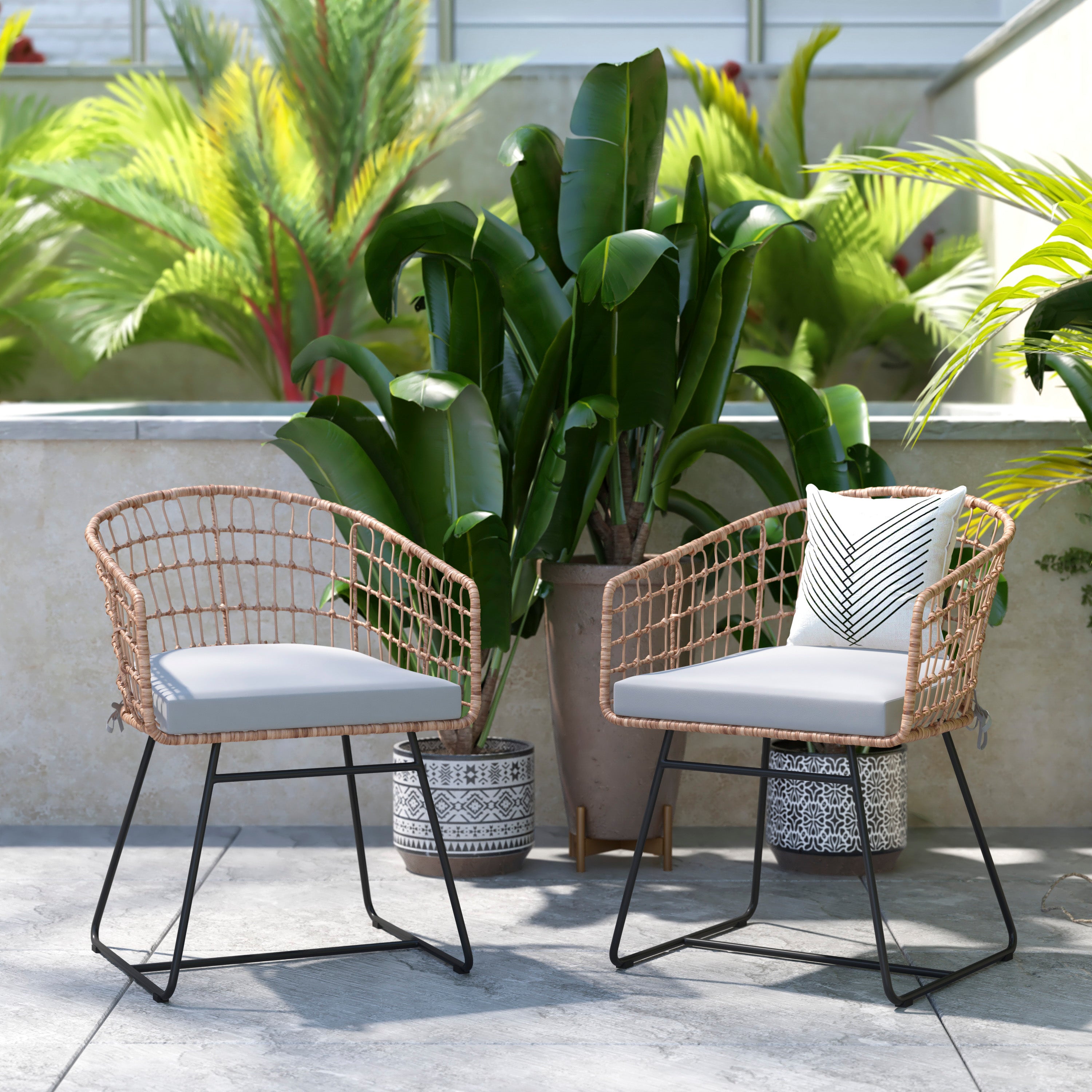 Devon Set of 2 Indoor/Outdoor Patio Boho Club Chairs, Rope with Natural PE Wicker Rattan, Light Gray Cushions and Sled Base