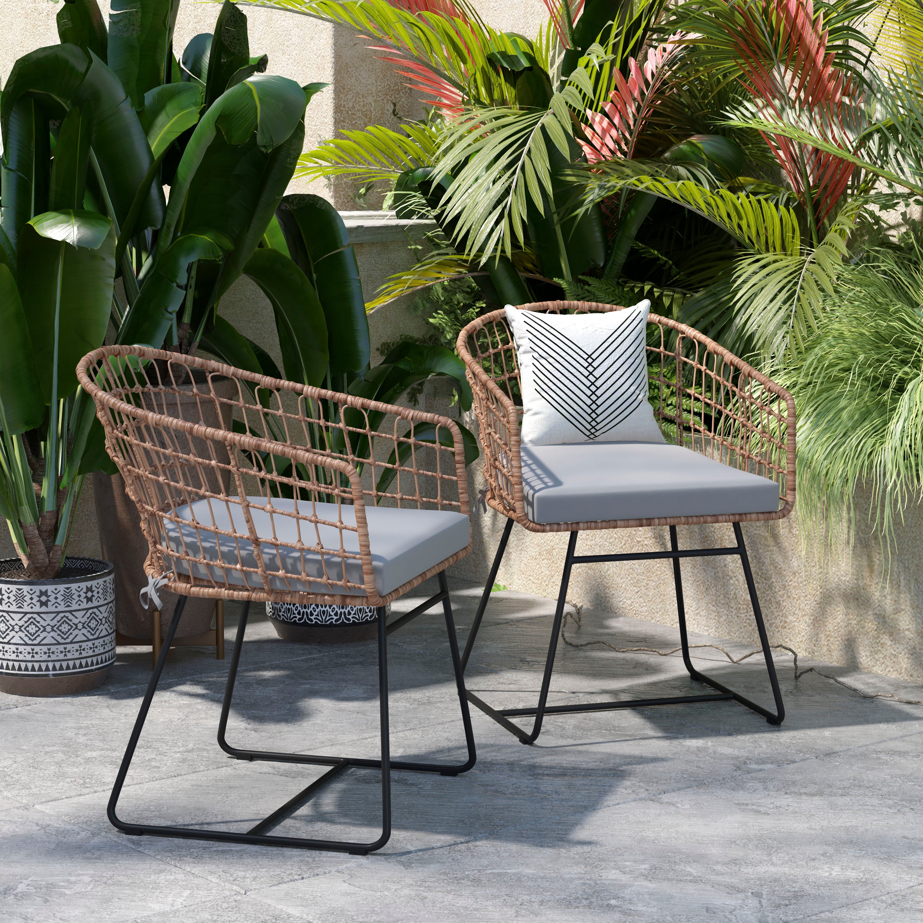Devon Set of 2 Indoor/Outdoor Patio Boho Club Chairs, Rope with Natural PE Wicker Rattan, Light Gray Cushions and Sled Base